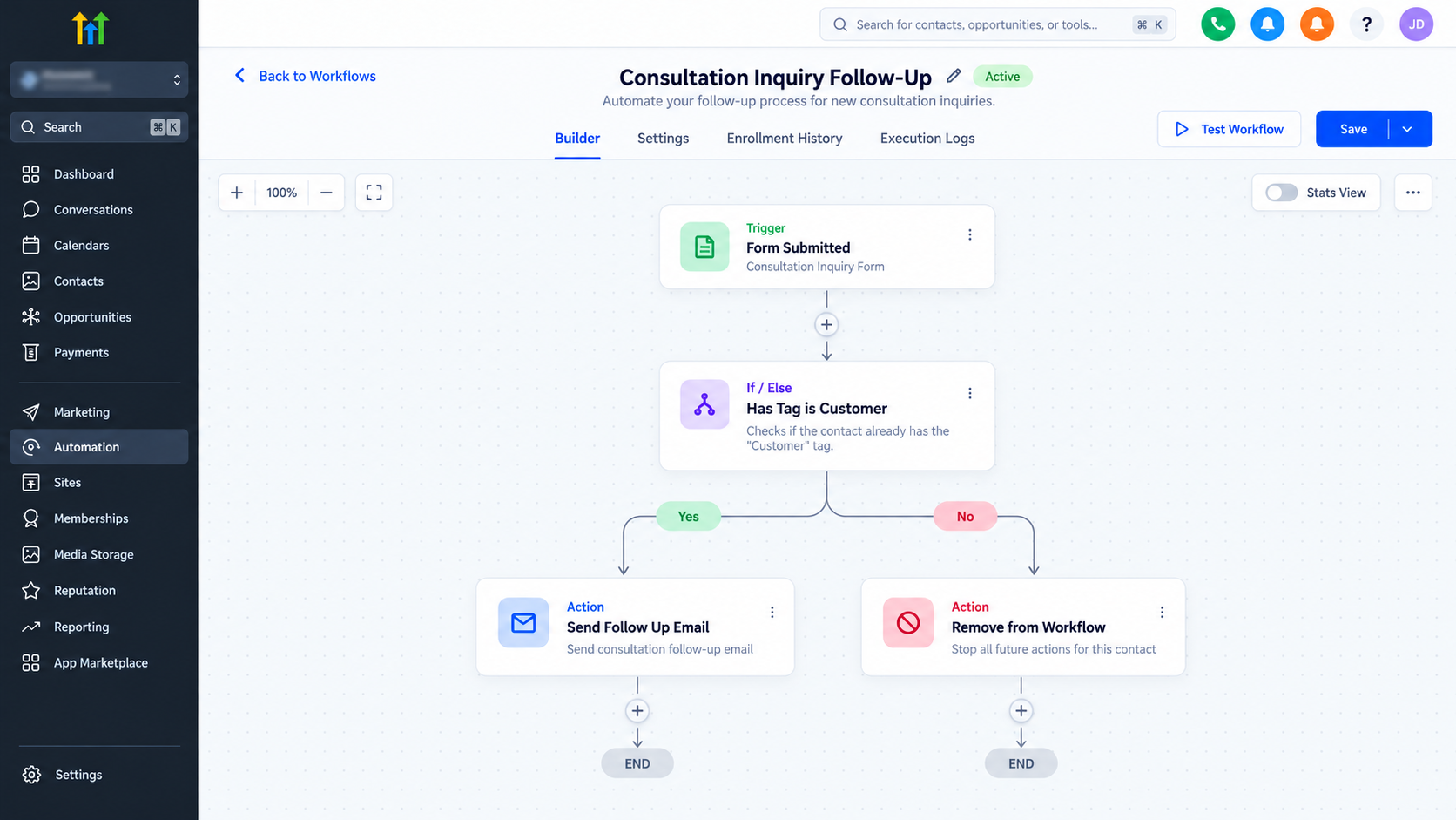 GoHighLevel workflow builder illustrating If/Else branching, conditional email follow-ups, and Remove from Workflow actions Copy GoHighLevel workflow builder illustrating If/Else branching, conditional email follow-ups, and Remove from Workflow actions Copy