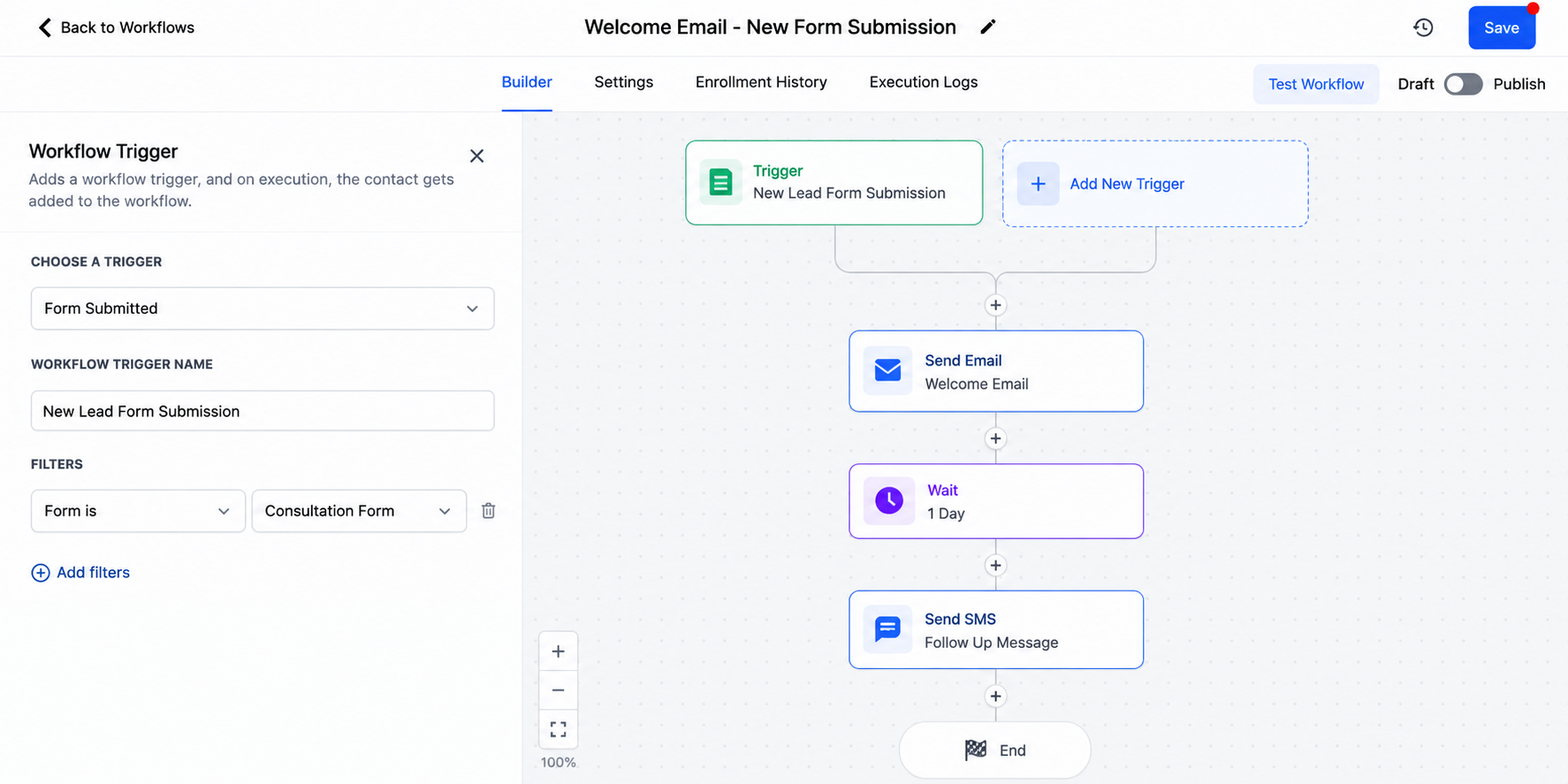 GoHighLevel workflow builder showing a form submission trigger with a consultation form filter, followed by automated email and SMS actions. GoHighLevel workflow builder showing a form submission trigger with a consultation form filter, followed by automated email and SMS actions.