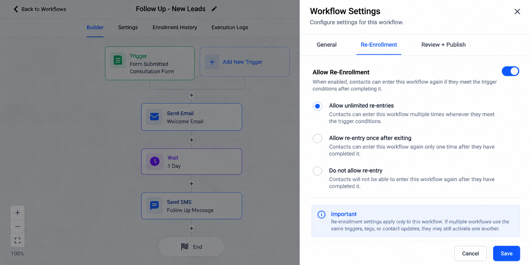 GoHighLevel workflow settings illustration showing re-entry configuration options to help prevent repeated contact enrollment and unwanted automation loops. GoHighLevel workflow settings illustration showing re-entry configuration options to help prevent repeated contact enrollment and unwanted automation loops.