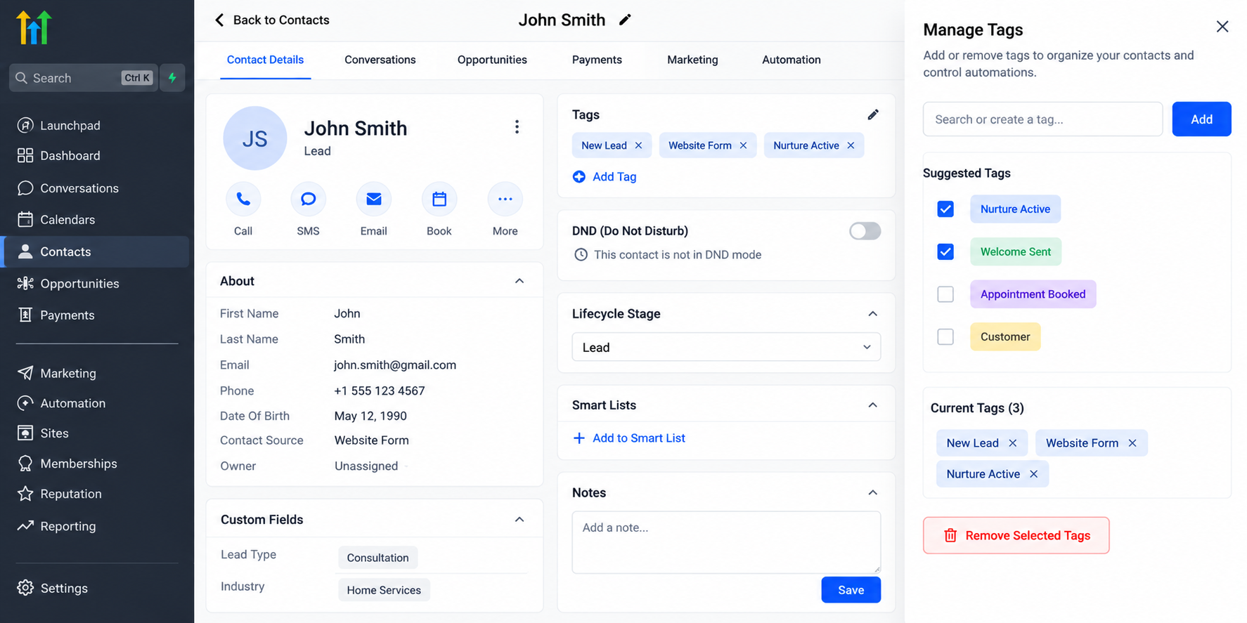 GoHighLevel contact management interface showing status tags like Nurture Active and Welcome Sent to track automation progress and prevent duplicate workflow actions. GoHighLevel contact management interface showing status tags like Nurture Active and Welcome Sent to track automation progress and prevent duplicate workflow actions.