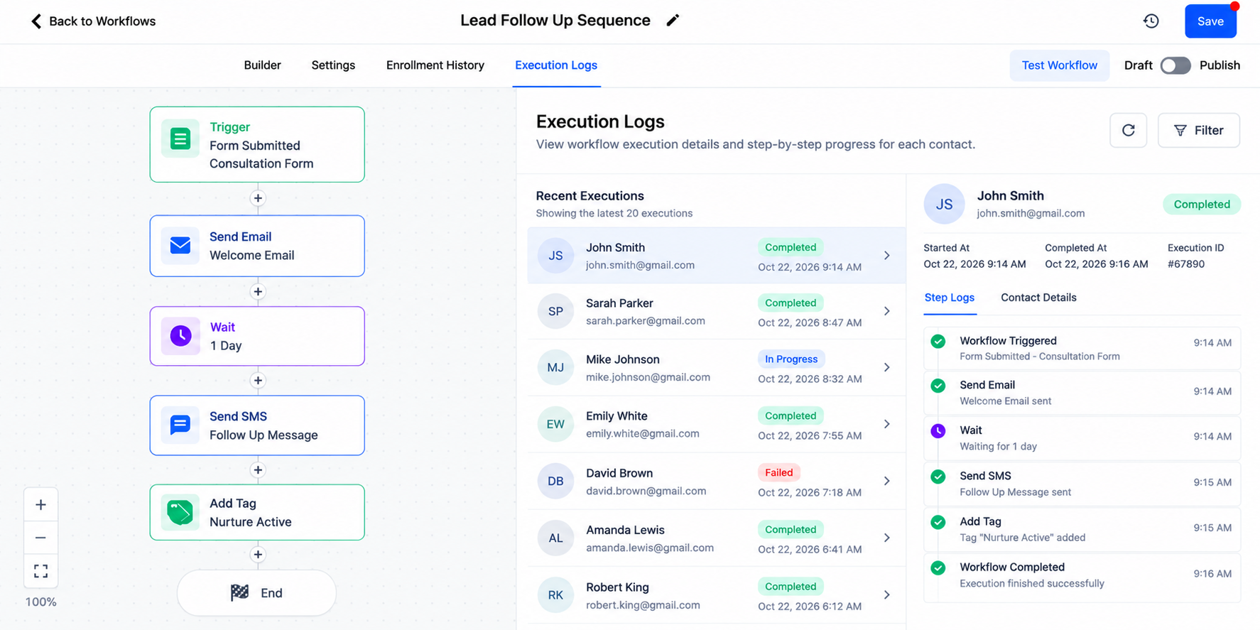 GoHighLevel workflow execution logs illustration showing contact activity, automation steps, execution statuses, and troubleshooting details to identify duplicate workflow actions. GoHighLevel workflow execution logs illustration showing contact activity, automation steps, execution statuses, and troubleshooting details to identify duplicate workflow actions.