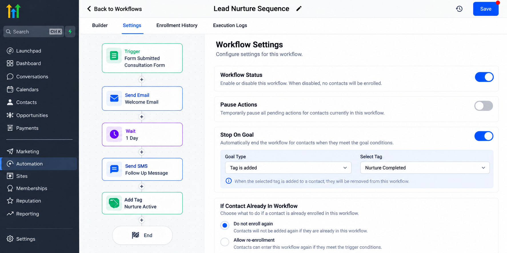 GoHighLevel workflow settings illustration showing automation configuration, workflow status, enrollment controls, and options for managing reliable CRM automations. GoHighLevel workflow settings illustration showing automation configuration, workflow status, enrollment controls, and options for managing reliable CRM automations.