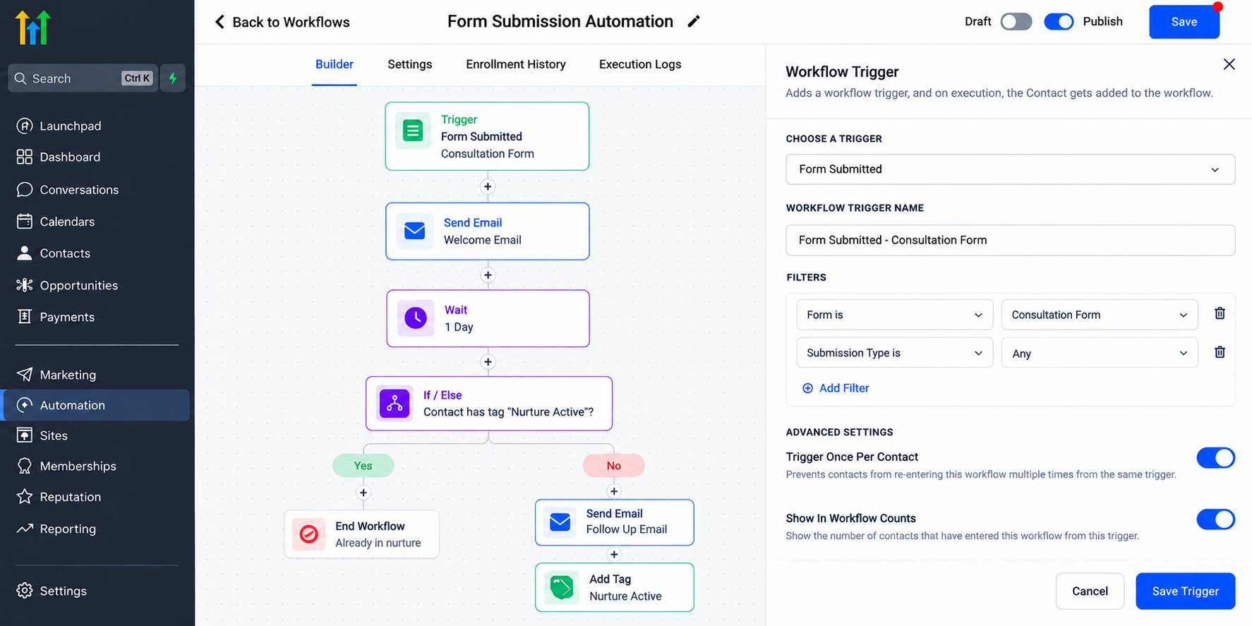 GoHighLevel workflow builder illustration showing form submission filters, If/Else conditions, and contact tags used to prevent duplicate workflow executions and automation loops. GoHighLevel workflow builder illustration showing form submission filters, If/Else conditions, and contact tags used to prevent duplicate workflow executions and automation loops.