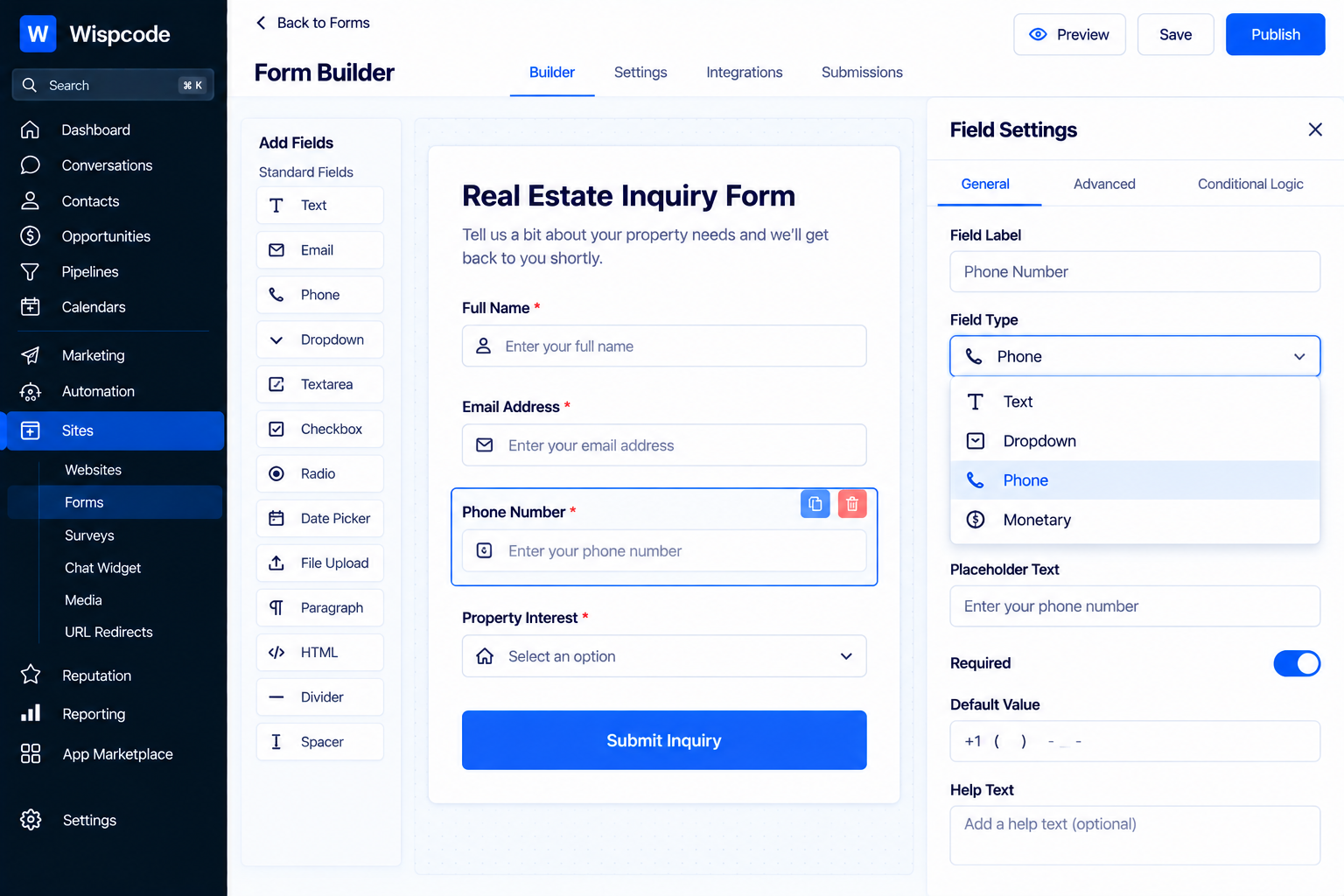 GoHighLevel Form Builder dashboard displaying a Real Estate Inquiry Form and field settings