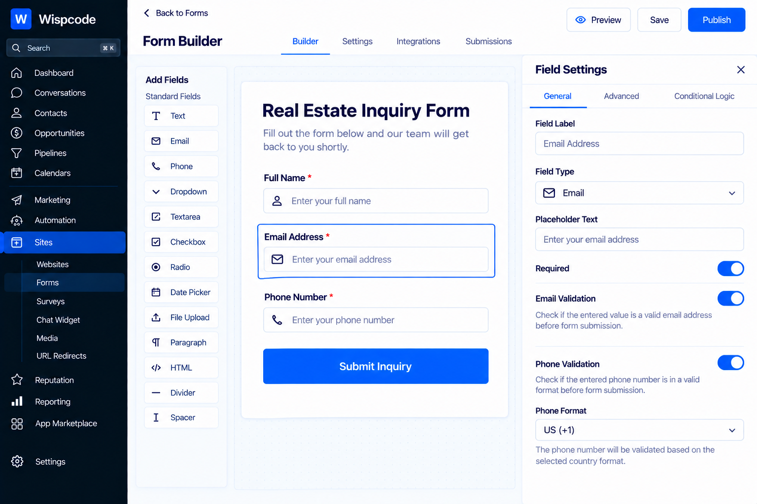GoHighLevel Form Builder interface showing email field configuration and validation settings
