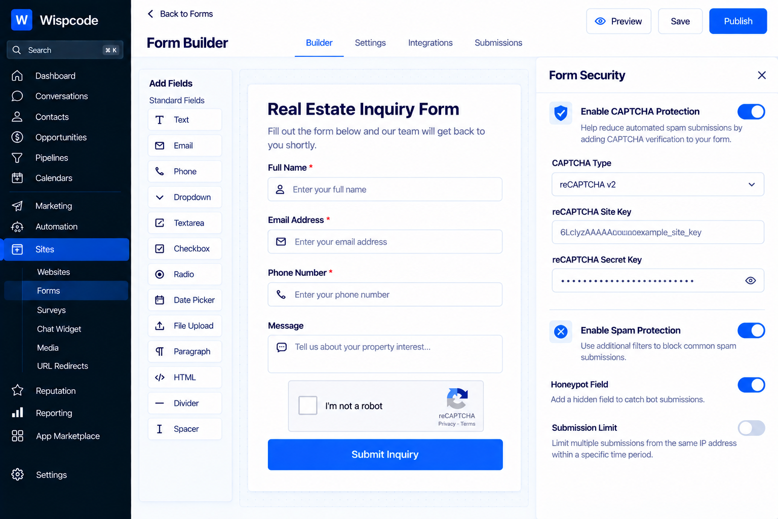 GoHighLevel Form Builder dashboard displaying Form Security settings with CAPTCHA protection and spam filters