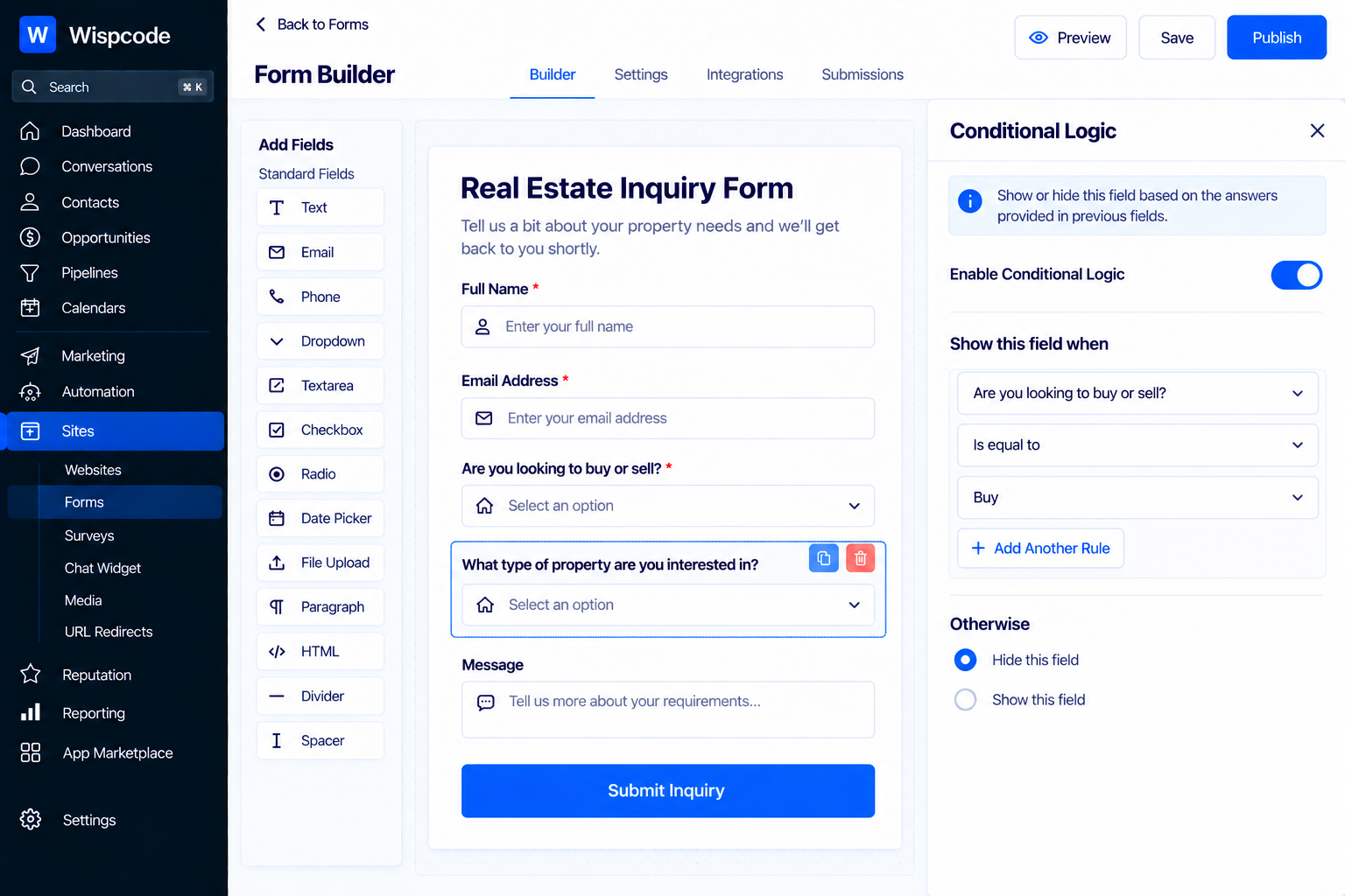 GoHighLevel Form Builder dashboard displaying Conditional Logic settings for showing or hiding form fields