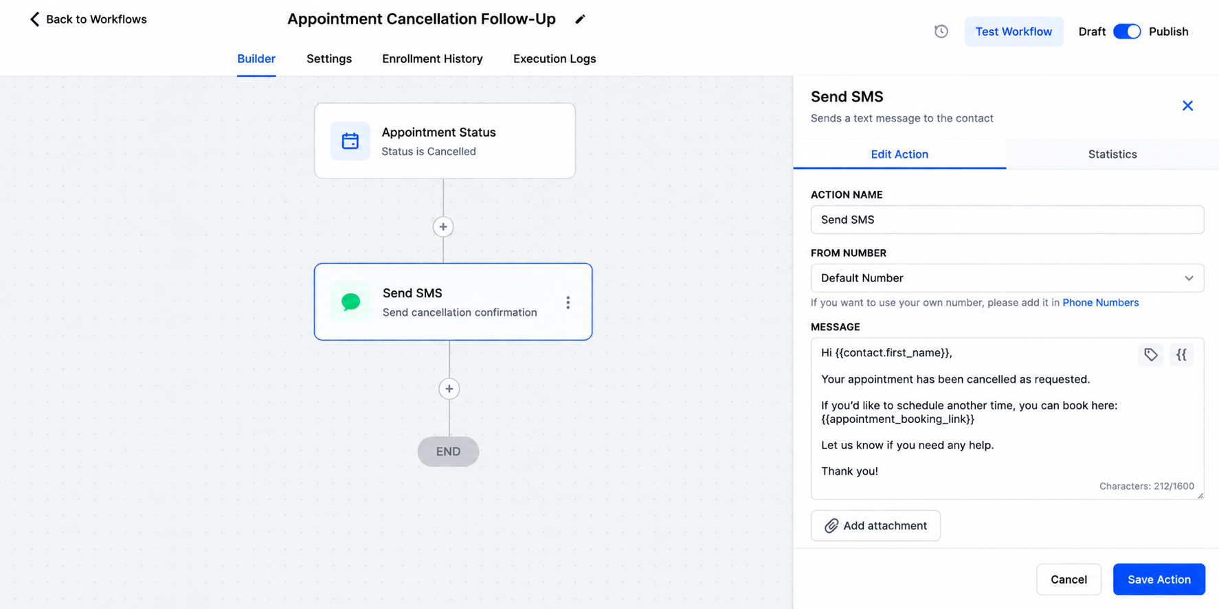 GoHighLevel Send SMS workflow action showing an automated appointment cancellation confirmation message with customer personalization and a rescheduling link.