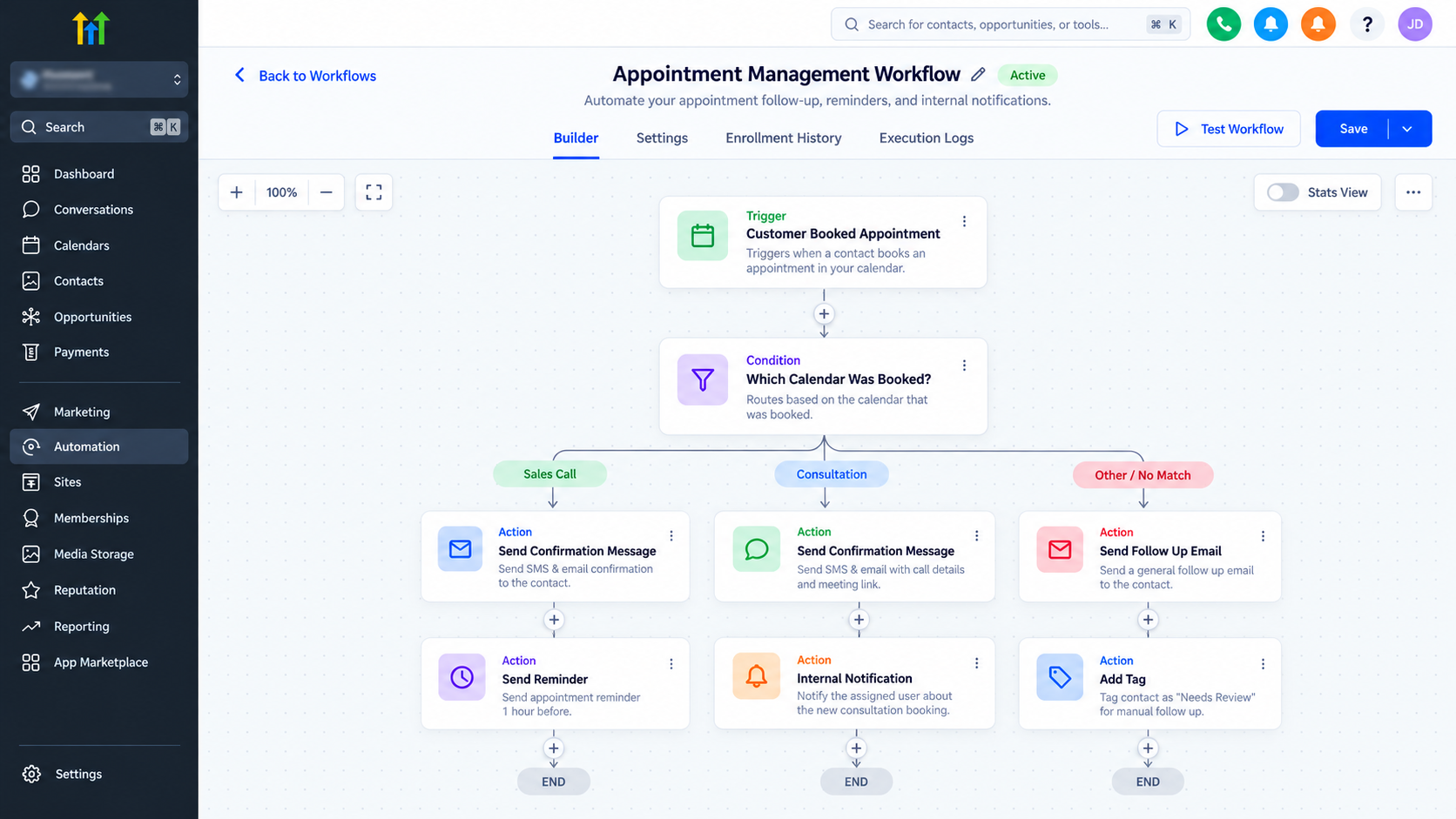 GoHighLevel workflow automation builder showing appointment booking triggers, calendar-based conditions, confirmation messages, reminders, and internal notifications. GoHighLevel workflow automation builder showing appointment booking triggers, calendar-based conditions, confirmation messages, reminders, and internal notifications.