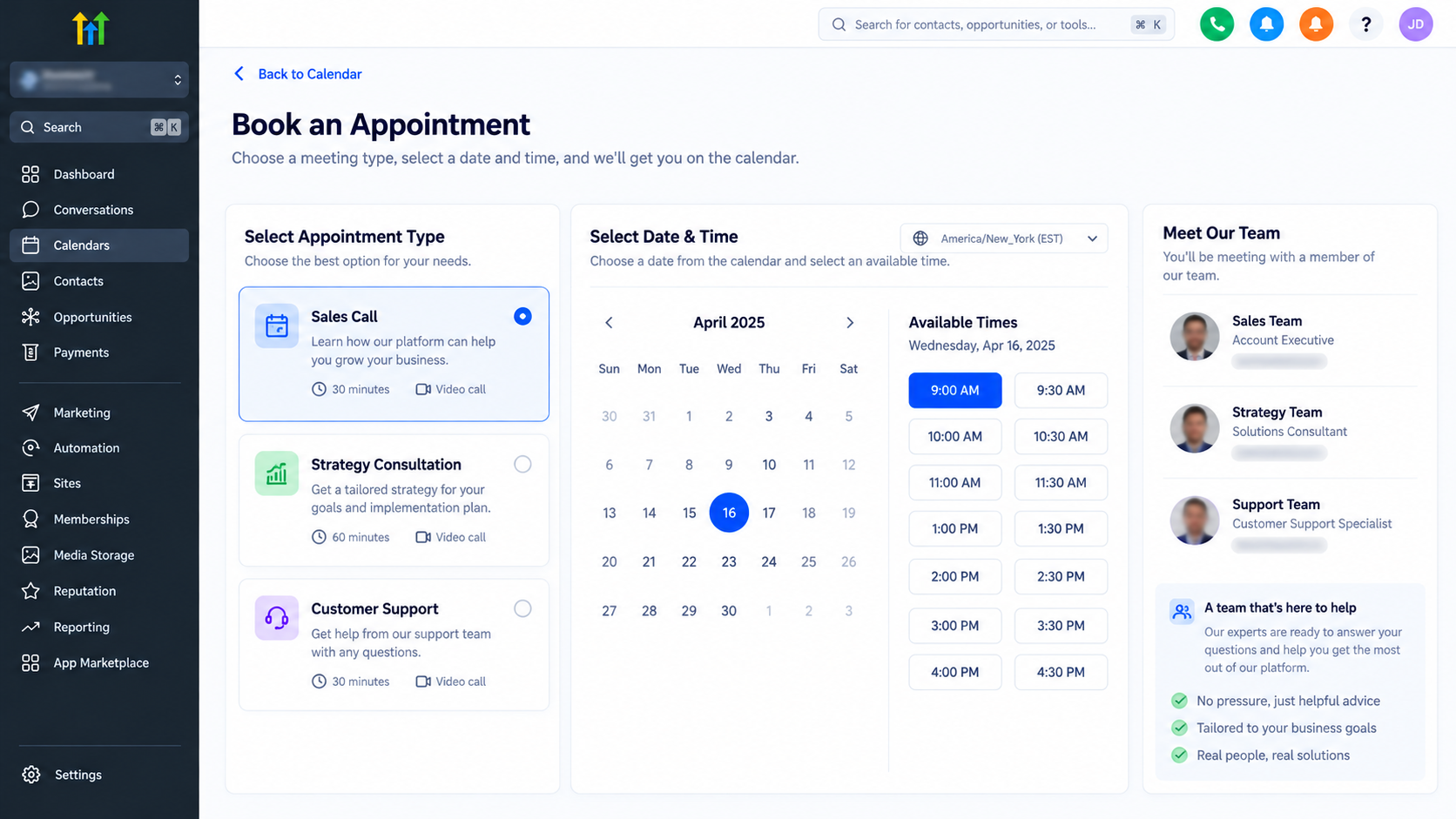 GoHighLevel appointment booking interface displaying sales calls, strategy consultations, customer support options, and available appointment times. GoHighLevel appointment booking interface displaying sales calls, strategy consultations, customer support options, and available appointment times.