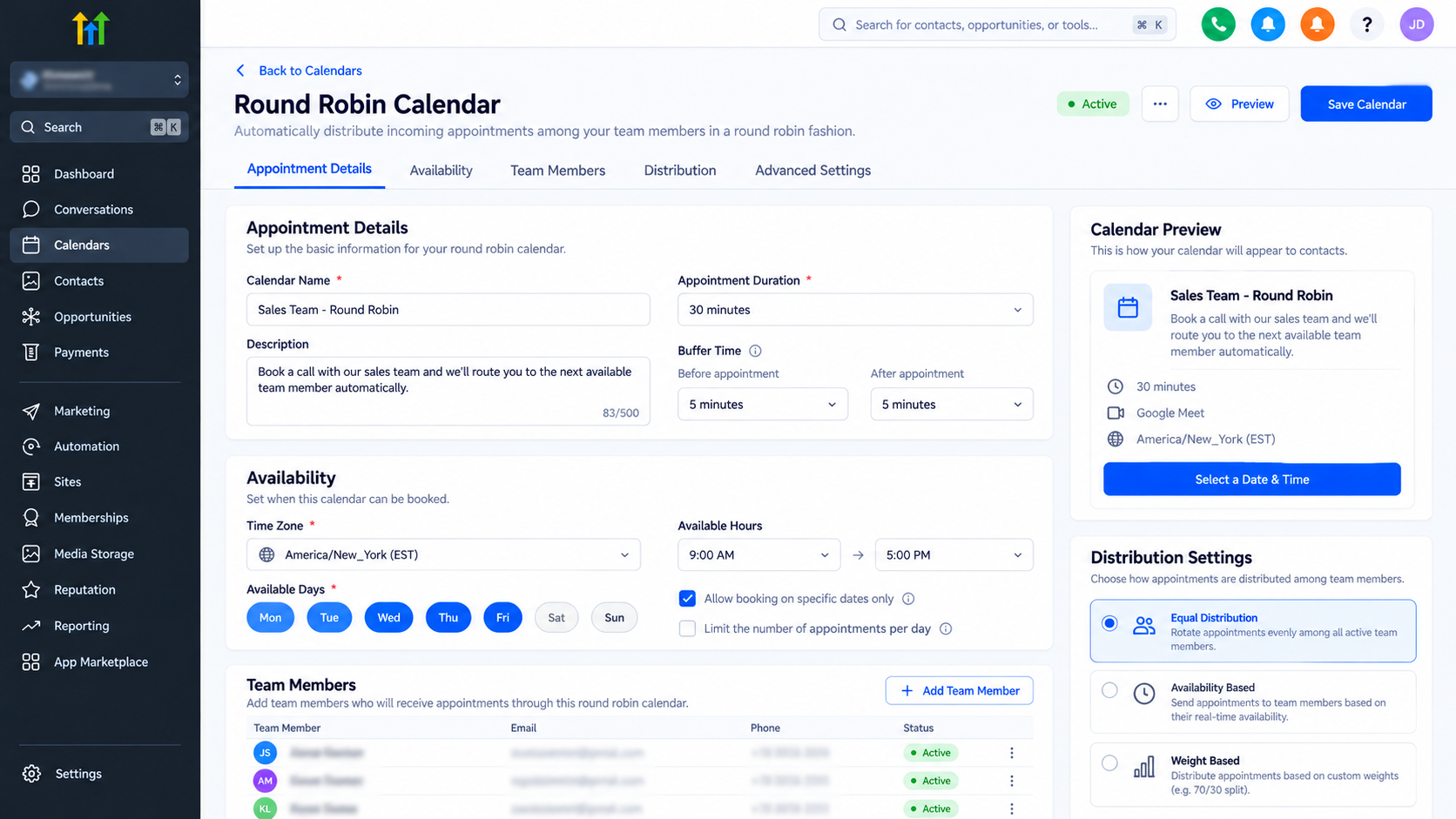 GoHighLevel Round Robin calendar settings showing appointment distribution options, team members, availability, and scheduling configuration. GoHighLevel Round Robin calendar settings showing appointment distribution options, team members, availability, and scheduling configuration.