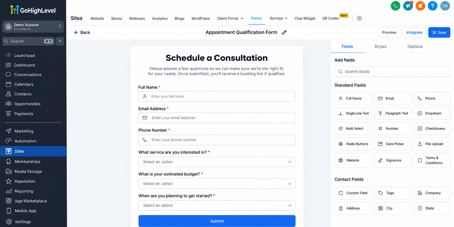 GoHighLevel form builder showing a pre-appointment qualification form with contact information, service requirements, budget, and project timeline fields.