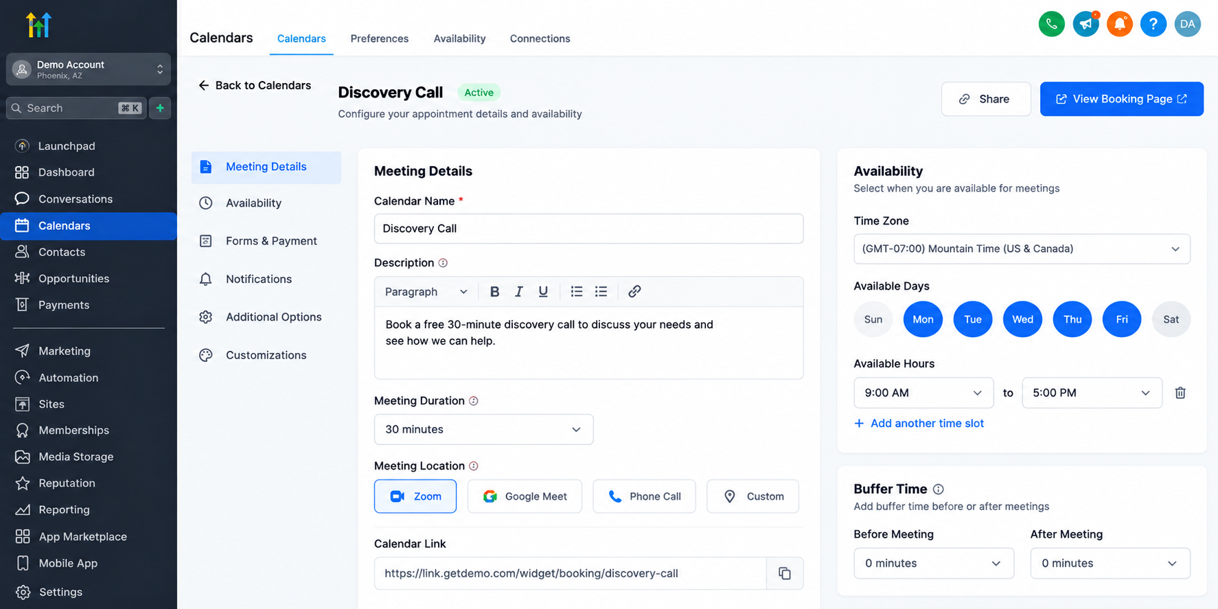 GoHighLevel appointment calendar settings showing meeting duration, availability, booking link, meeting location, and buffer time configuration.