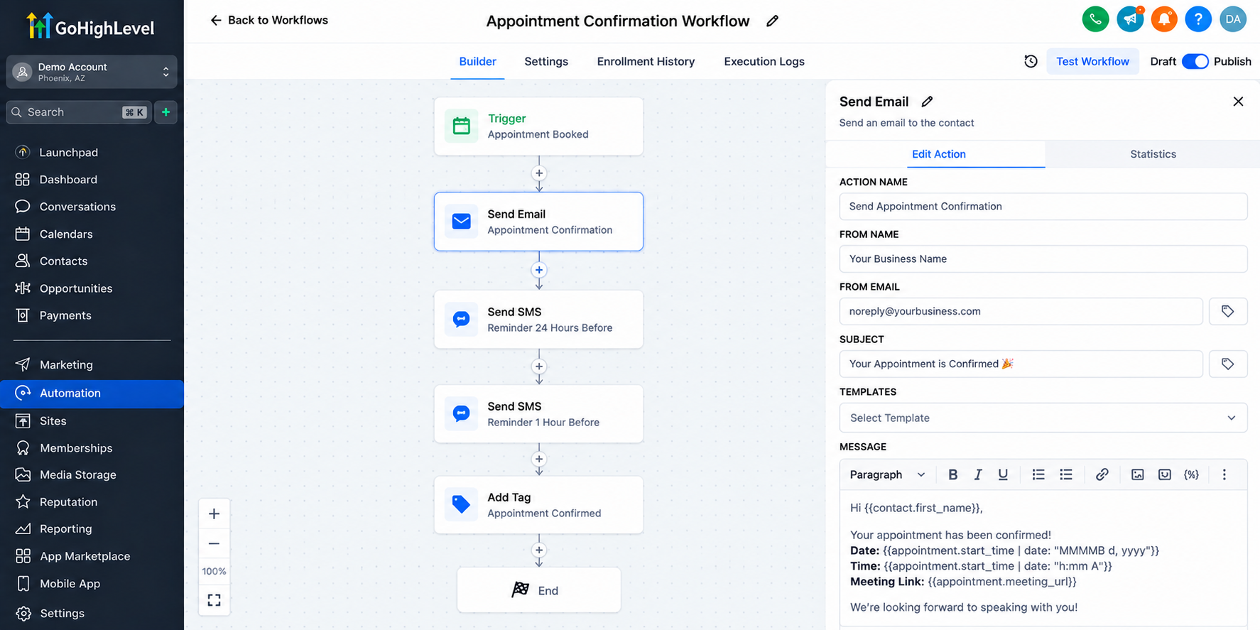 GoHighLevel workflow builder showing automated appointment confirmation emails, SMS reminders, and appointment communication settings.