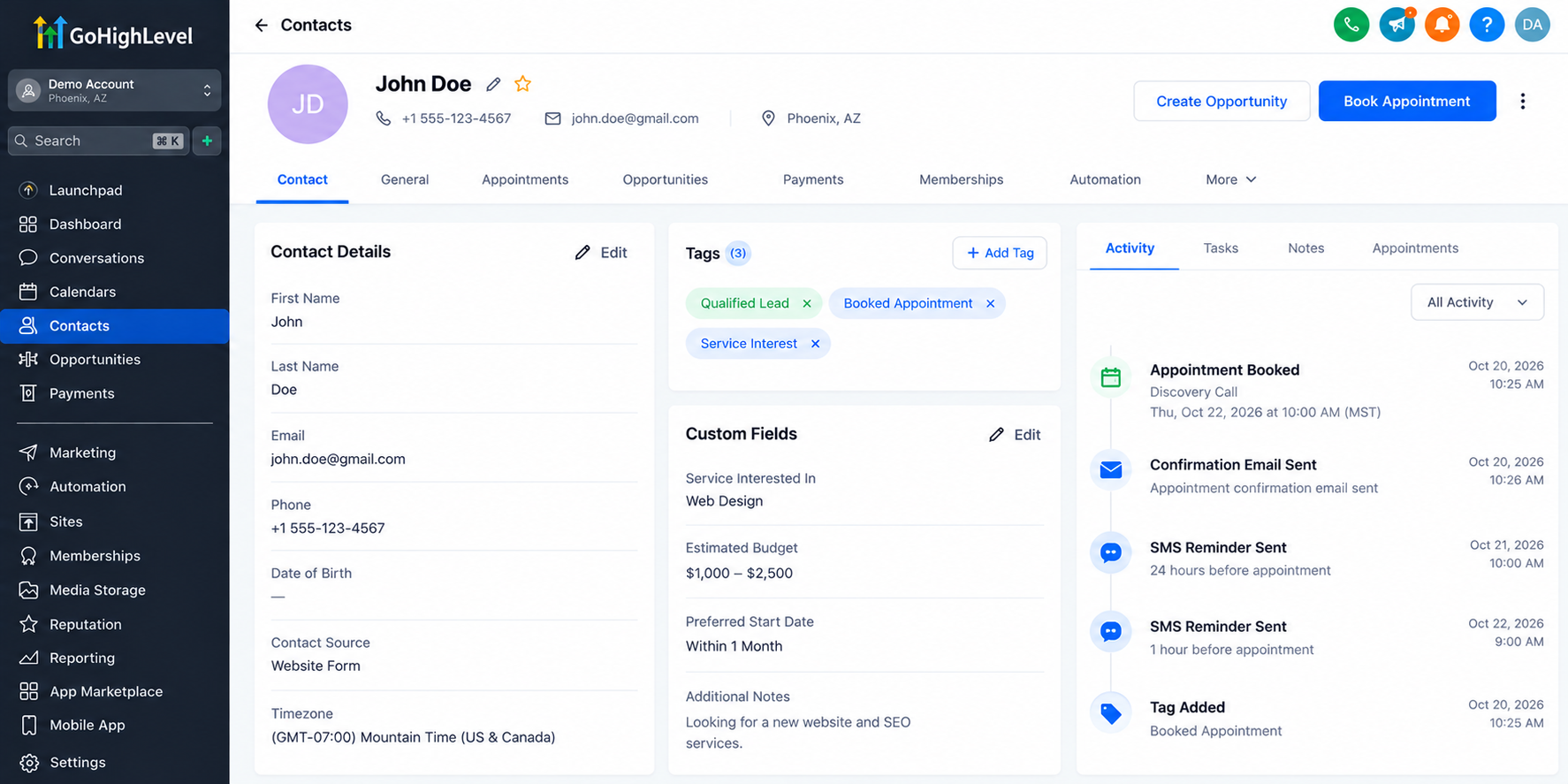 GoHighLevel CRM contact record showing lead qualification details, custom fields, qualified lead tags, appointment booking information, and communication activity history.