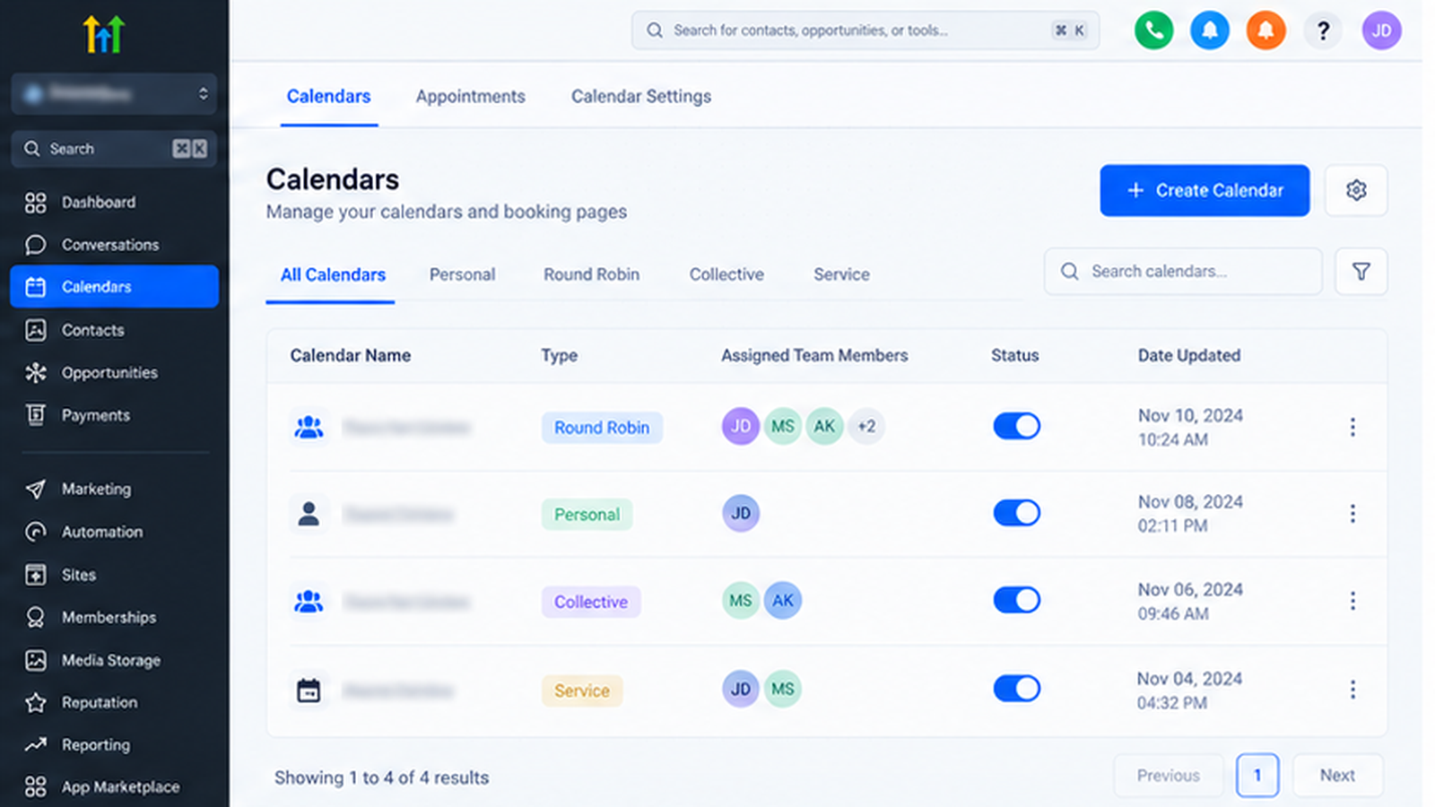 GoHighLevel calendar management dashboard displaying multiple team calendars, calendar types, and appointment scheduling settings. GoHighLevel calendar management dashboard displaying multiple team calendars, calendar types, and appointment scheduling settings.