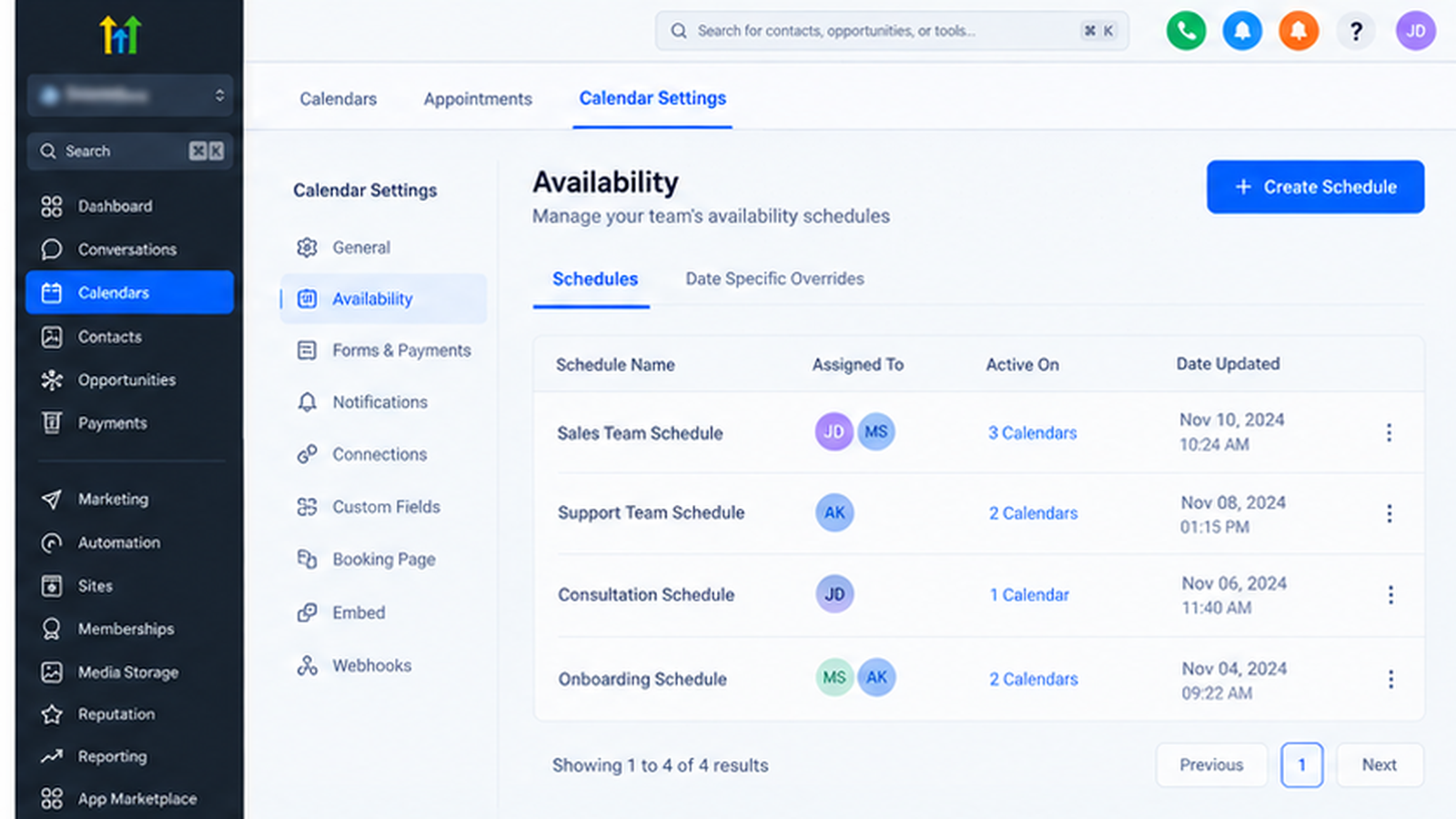 GoHighLevel team availability settings showing employee schedules, assigned calendars, and centralized availability management. GoHighLevel team availability settings showing employee schedules, assigned calendars, and centralized availability management.