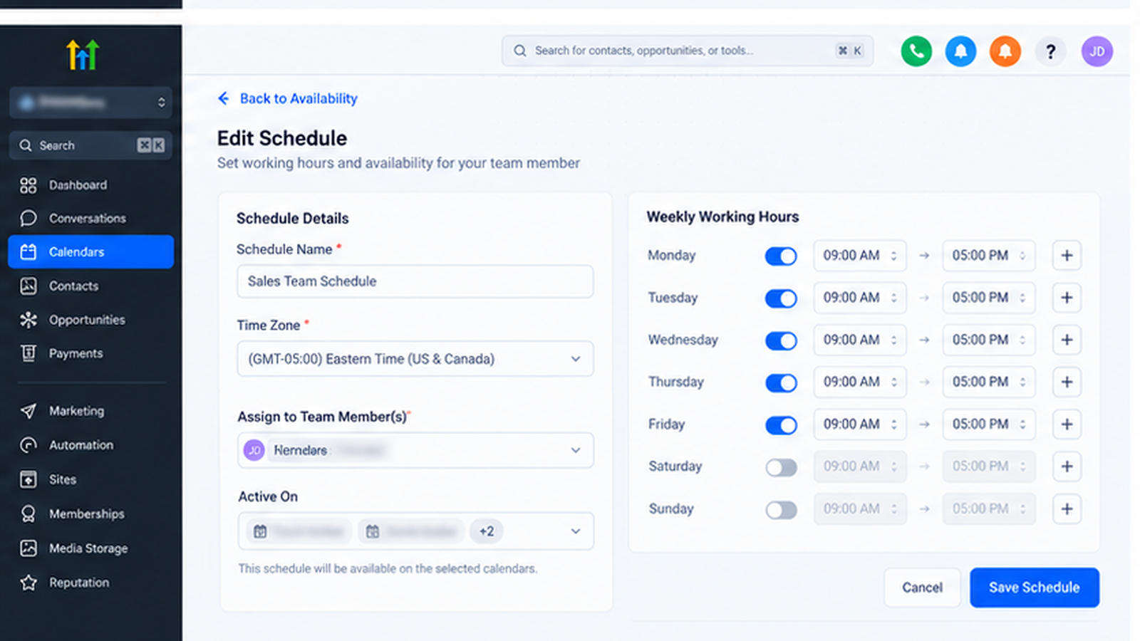 GoHighLevel weekly working hours configuration showing employee availability, time zone settings, and recurring schedules. GoHighLevel weekly working hours configuration showing employee availability, time zone settings, and recurring schedules.