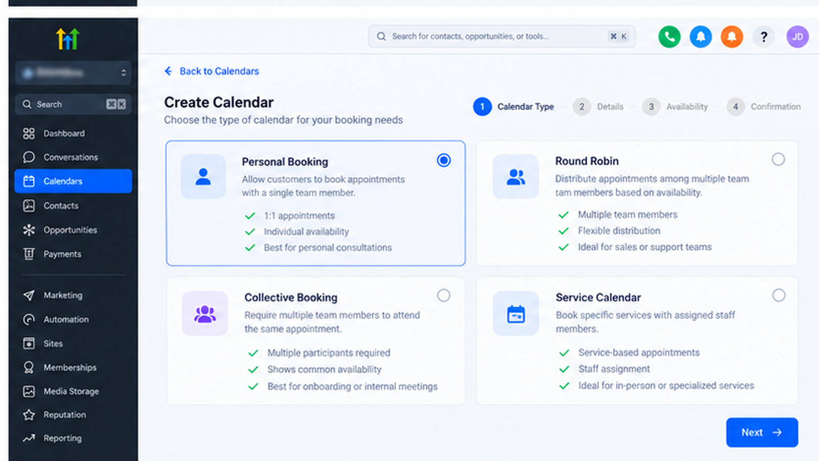 GoHighLevel calendar creation interface showing Personal Booking, Round Robin, Collective Booking, and Service Calendar options. GoHighLevel calendar creation interface showing Personal Booking, Round Robin, Collective Booking, and Service Calendar options.