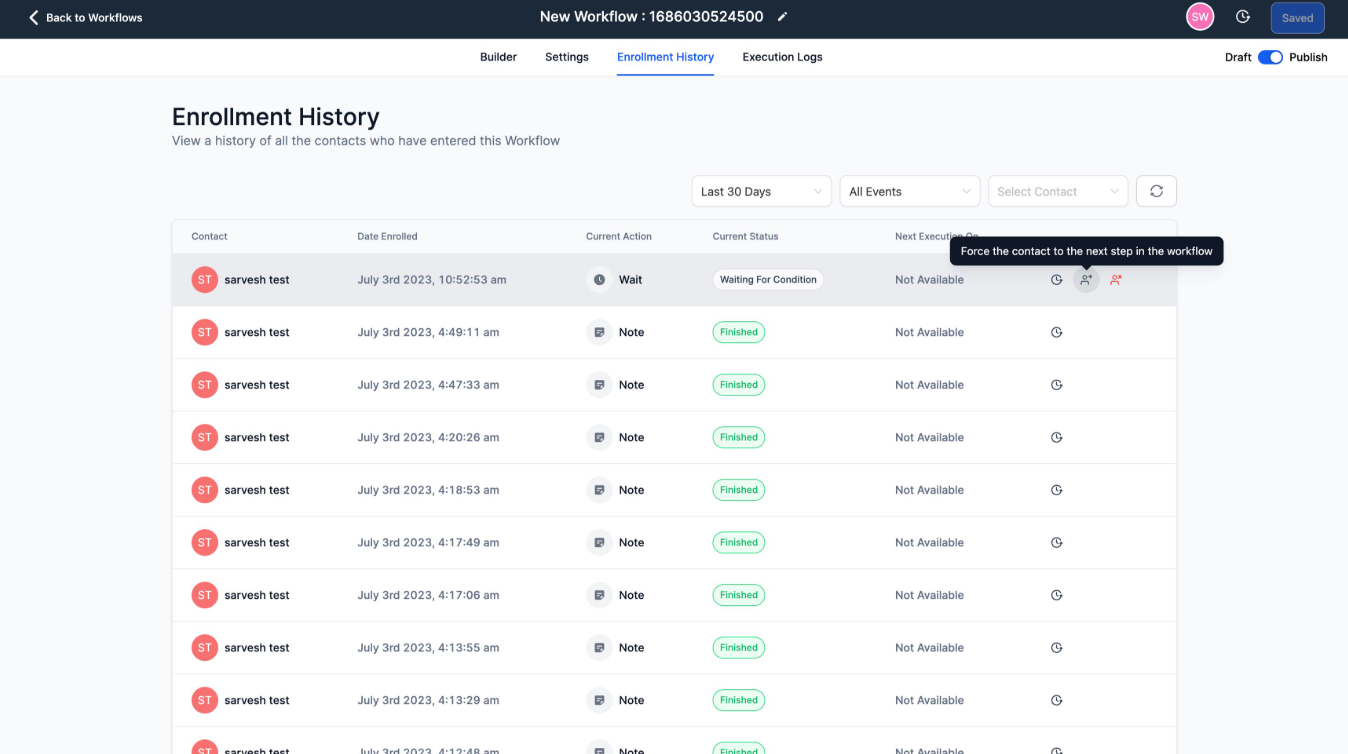 GoHighLevel Workflow Maps Workflows tab showing a contact's enrollment history.