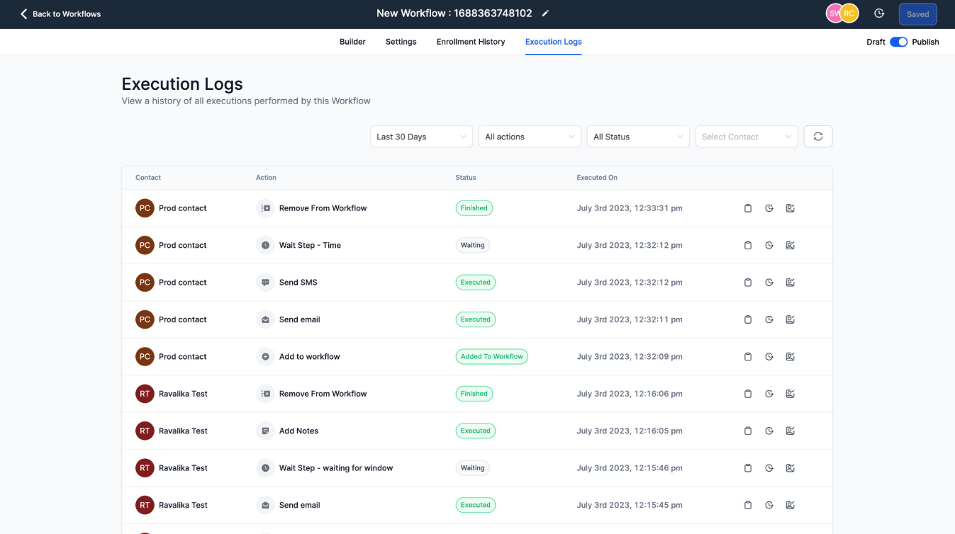 GoHighLevel Workflow Maps contact timeline displaying workflow runs, timestamps, and execution statuses.