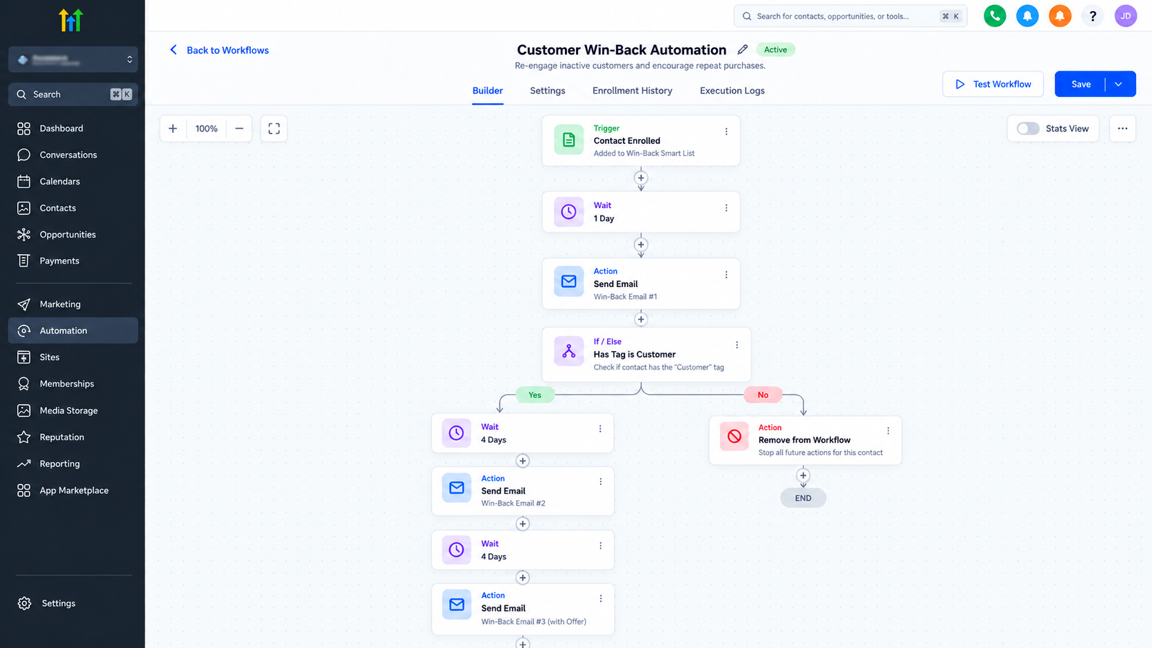 GoHighLevel automated customer win-back email sequence featuring three personalized emails separated by timed wait actions. GoHighLevel automated customer win-back email sequence featuring three personalized emails separated by timed wait actions.