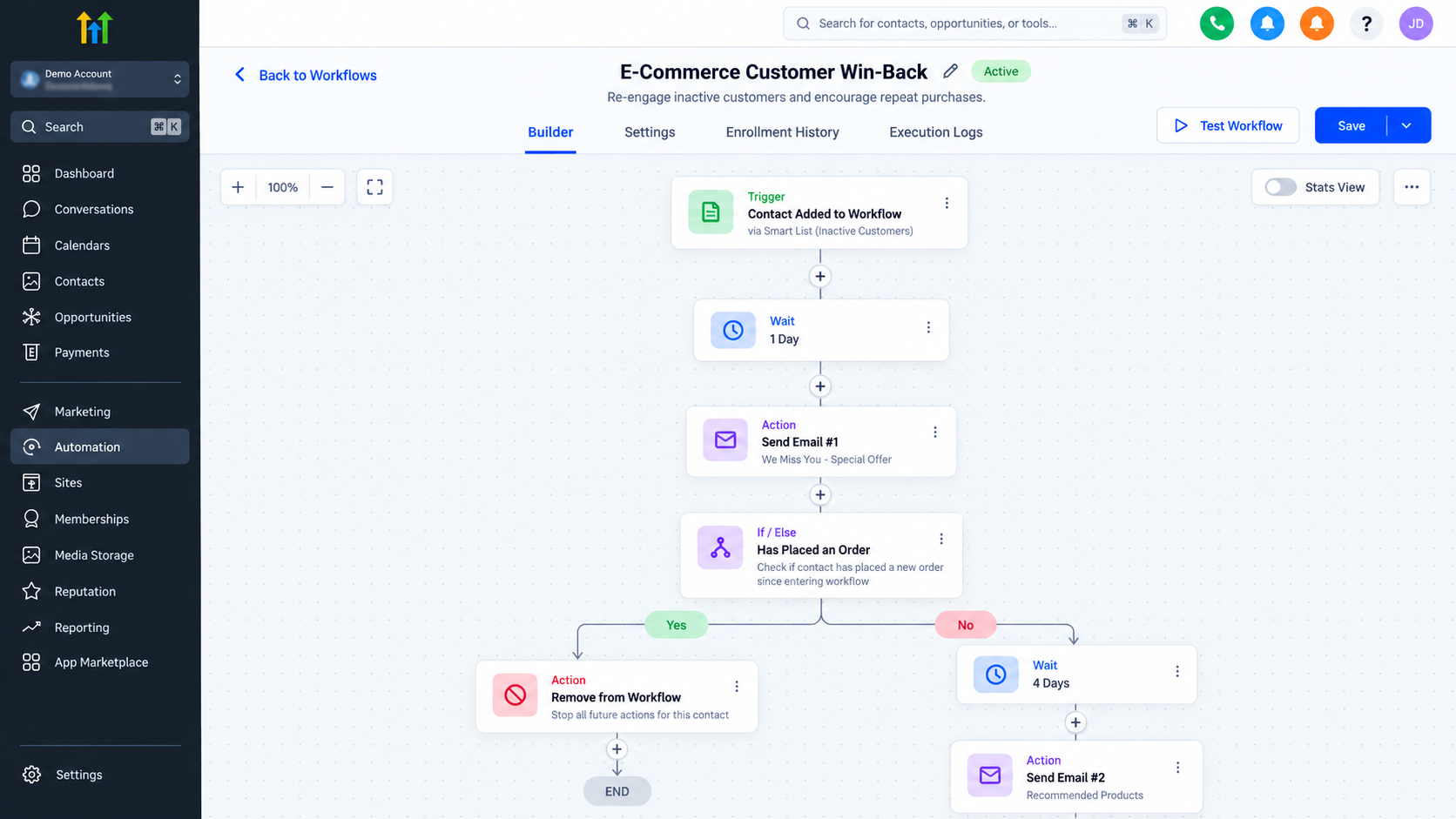GoHighLevel customer win-back automation workflow showing email follow-ups, wait actions, and purchase-based conditions. GoHighLevel customer win-back automation workflow showing email follow-ups, wait actions, and purchase-based conditions.