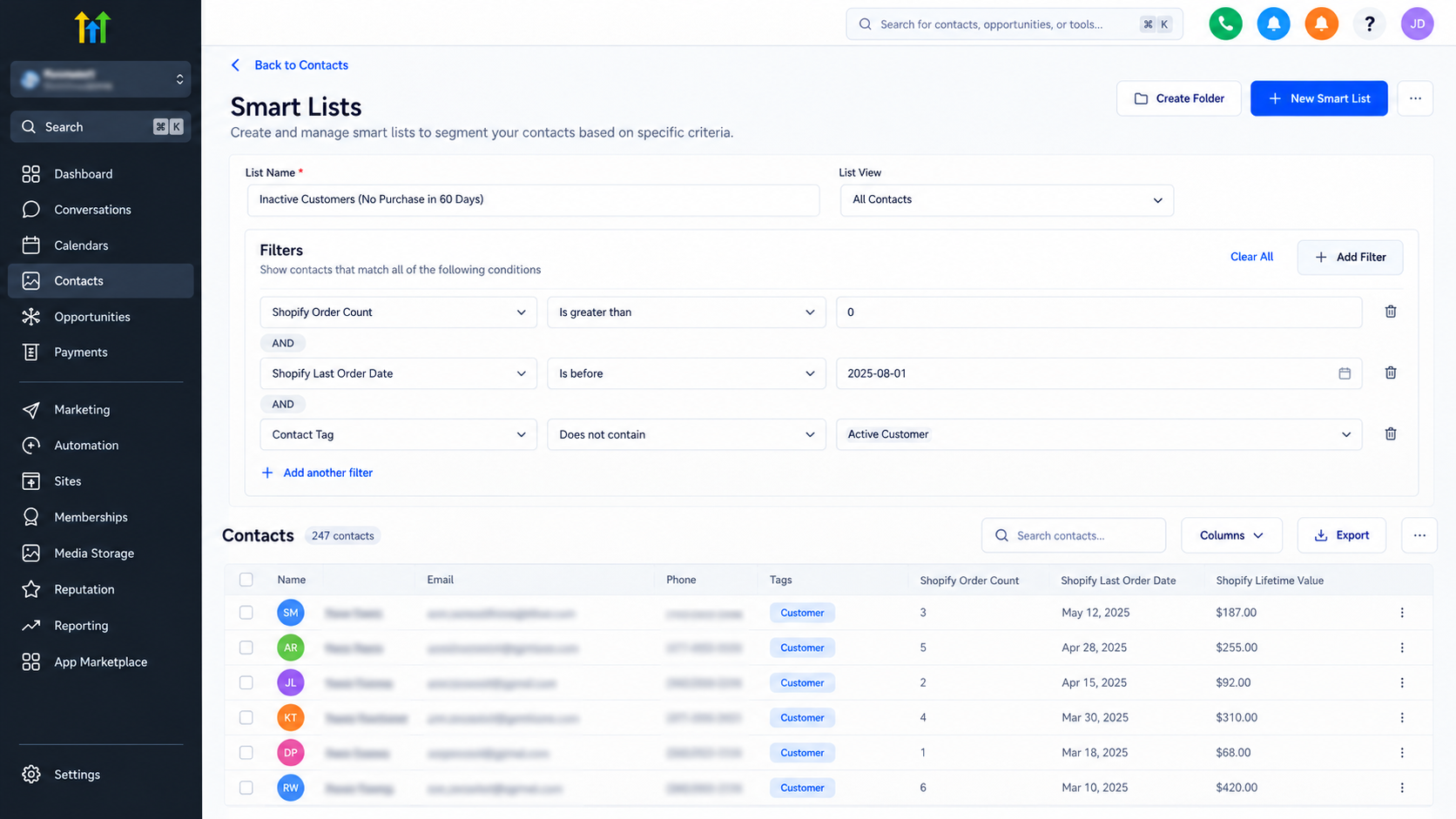 GoHighLevel Smart Lists interface displaying inactive e-commerce customers filtered by Shopify order count and last purchase date. GoHighLevel Smart Lists interface displaying inactive e-commerce customers filtered by Shopify order count and last purchase date.