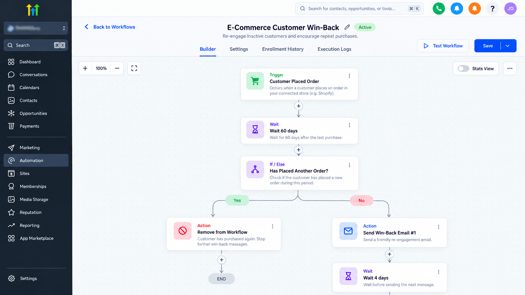 GoHighLevel e-commerce workflow showing purchase detection, If/Else conditions, and automatic removal of returning customers from win-back follow-ups. GoHighLevel e-commerce workflow showing purchase detection, If/Else conditions, and automatic removal of returning customers from win-back follow-ups.