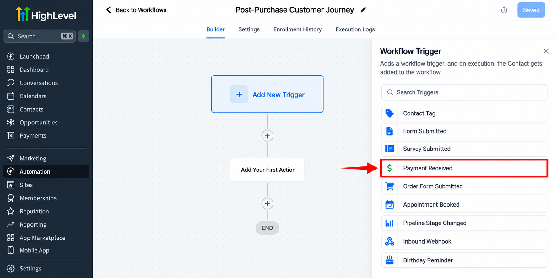 GoHighLevel workflow builder showing the Payment Received trigger for automating post-purchase customer journeys. GoHighLevel workflow builder showing the Payment Received trigger for automating post-purchase customer journeys.