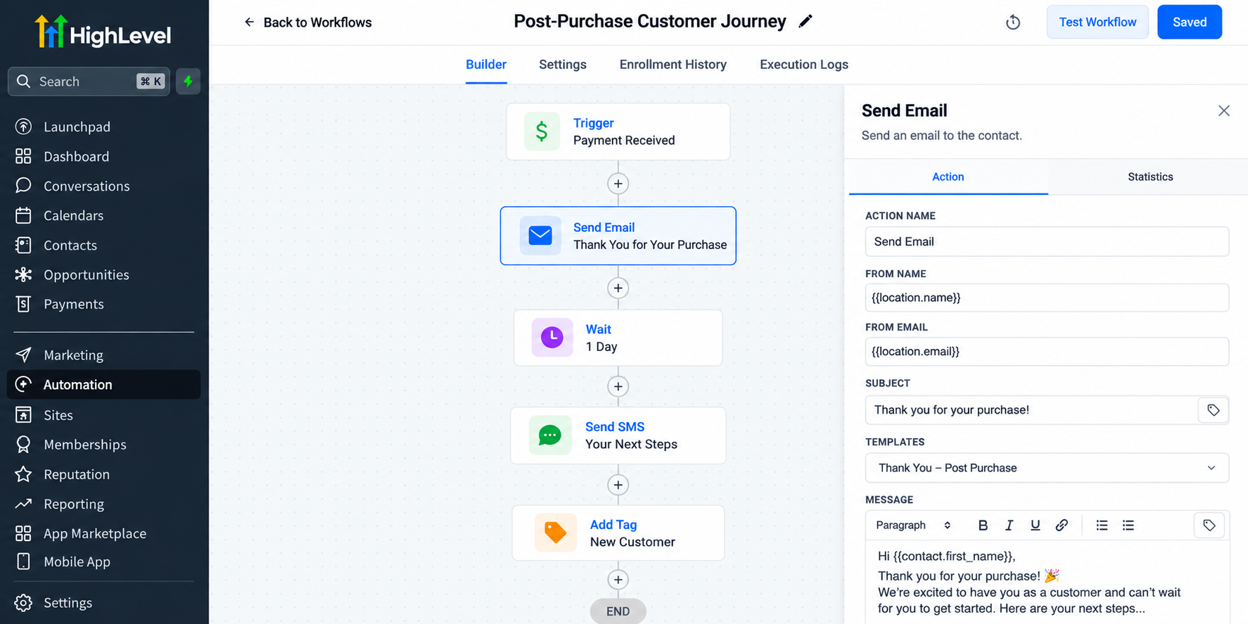 GoHighLevel workflow builder showing a personalized post-purchase thank-you email with automated follow-up actions. GoHighLevel workflow builder showing a personalized post-purchase thank-you email with automated follow-up actions.