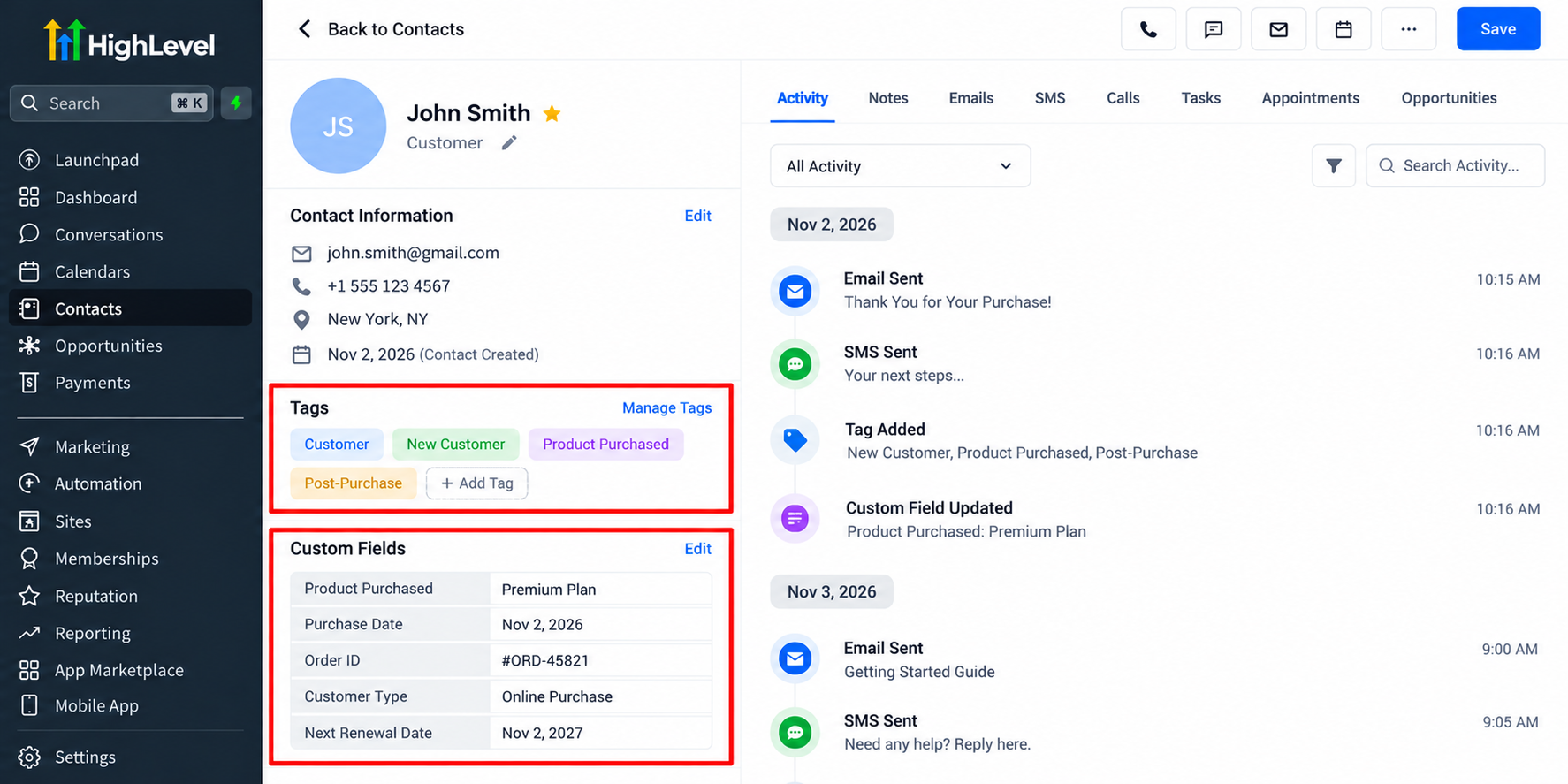 GoHighLevel CRM contact record showing customer tags, custom fields, purchase details, and automated post-purchase communication history. GoHighLevel CRM contact record showing customer tags, custom fields, purchase details, and automated post-purchase communication history.
