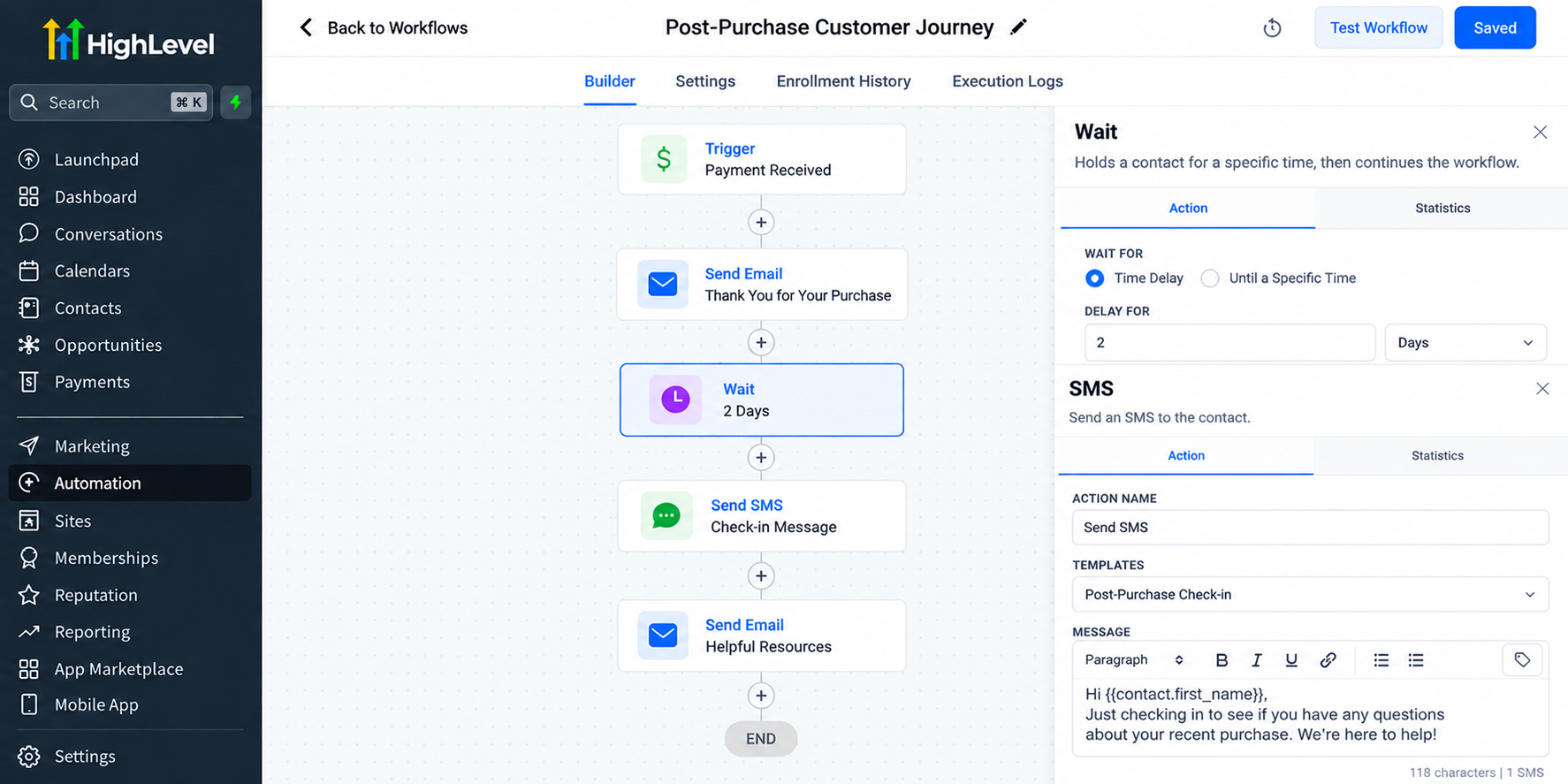 GoHighLevel workflow builder showing automated post-purchase follow-ups using Wait steps, personalized SMS messages, and helpful resource emails. GoHighLevel workflow builder showing automated post-purchase follow-ups using Wait steps, personalized SMS messages, and helpful resource emails.