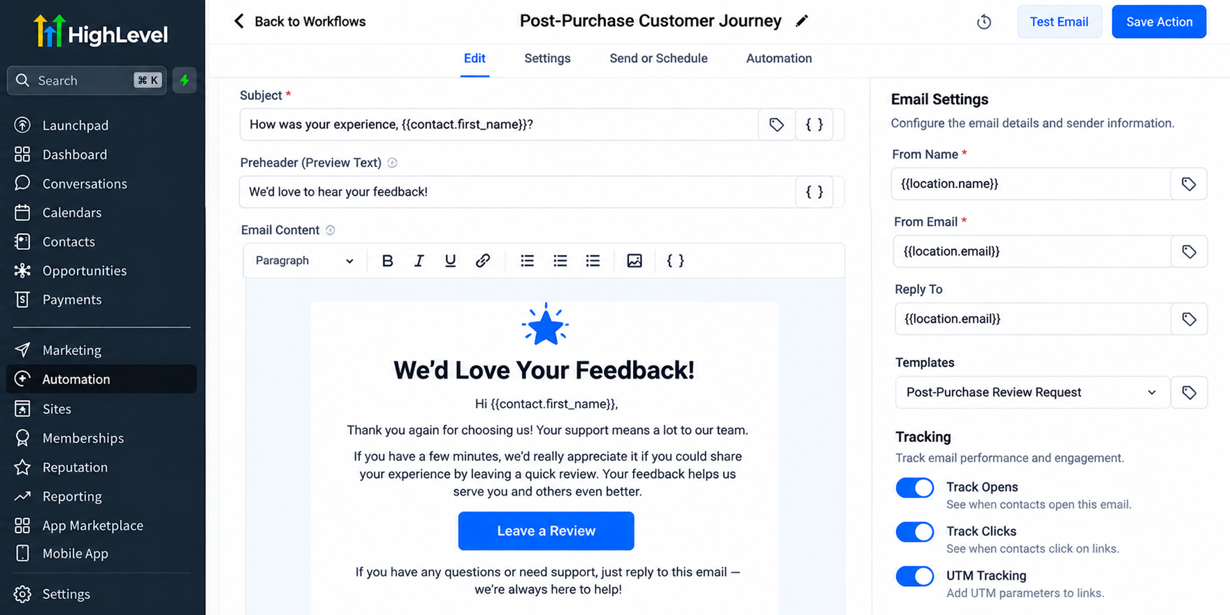 GoHighLevel email editor showing a personalized post-purchase review request with customer name, feedback message, and Leave a Review button. GoHighLevel email editor showing a personalized post-purchase review request with customer name, feedback message, and Leave a Review button.