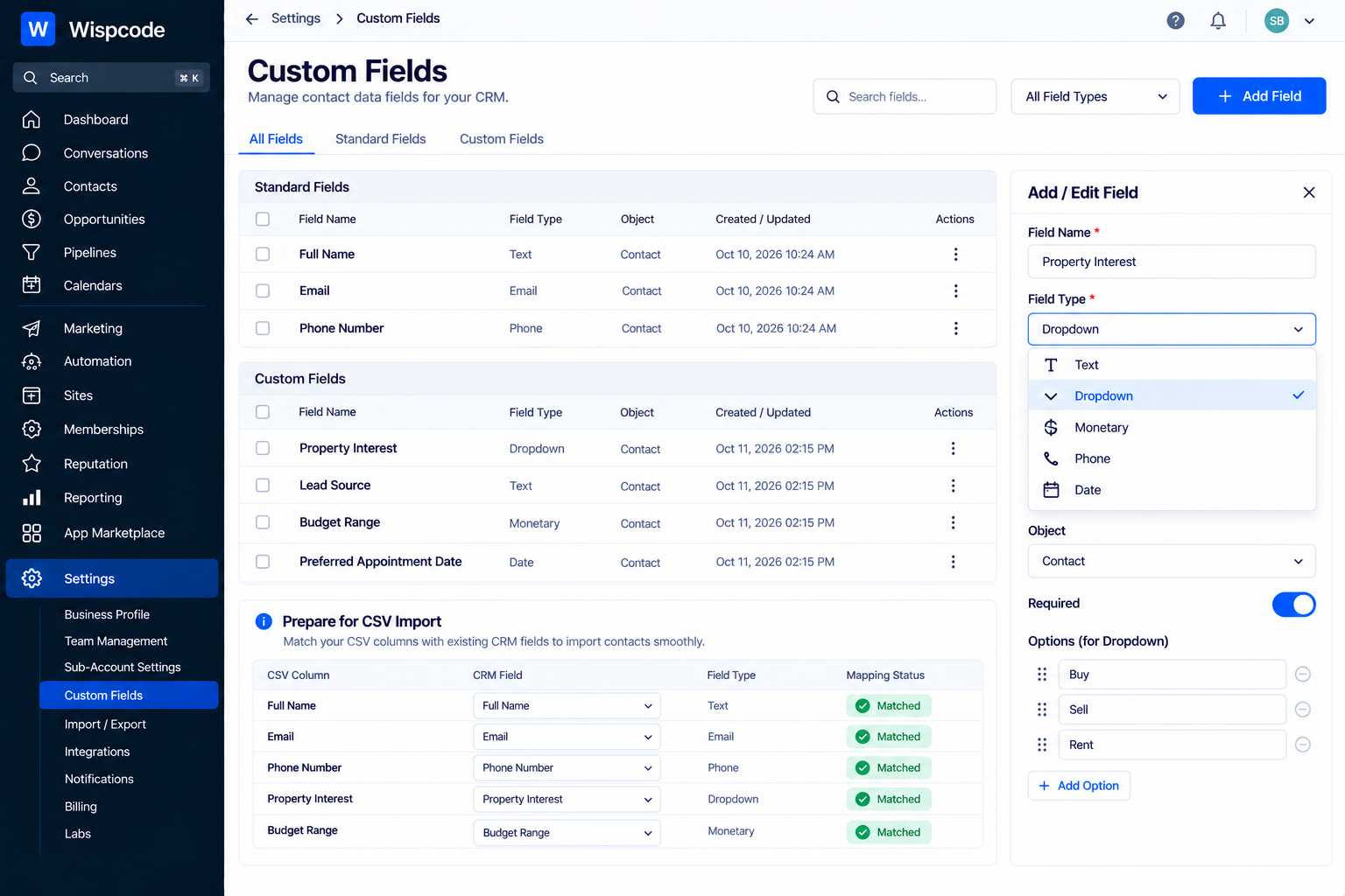 GoHighLevel Custom Fields dashboard showing contact data fields and CSV import mapping GoHighLevel Custom Fields dashboard showing contact data fields and CSV import mapping