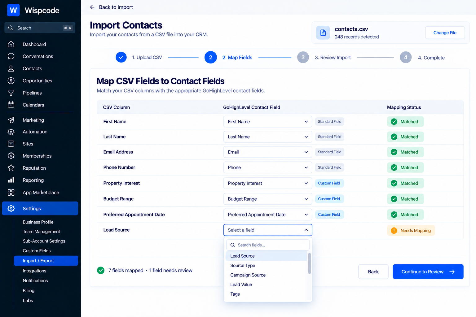 GoHighLevel Import Contacts screen showing the CSV field mapping step for CRM data GoHighLevel Import Contacts screen showing the CSV field mapping step for CRM data