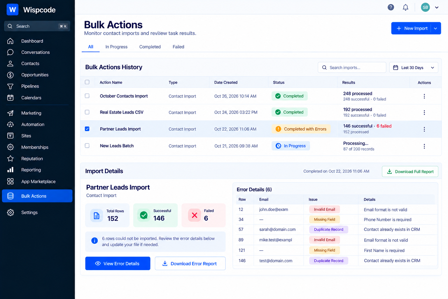GoHighLevel Bulk Actions dashboard displaying contact import history and error details GoHighLevel Bulk Actions dashboard displaying contact import history and error details