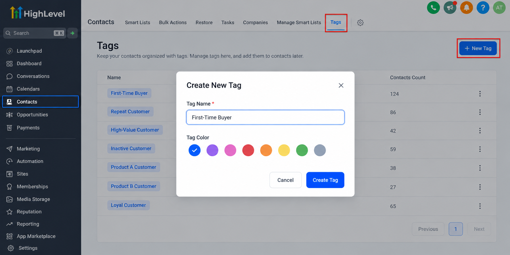 GoHighLevel contact tag management interface showing the creation of a First-Time Buyer tag for purchase-based customer segmentation. GoHighLevel contact tag management interface showing the creation of a First-Time Buyer tag for purchase-based customer segmentation.