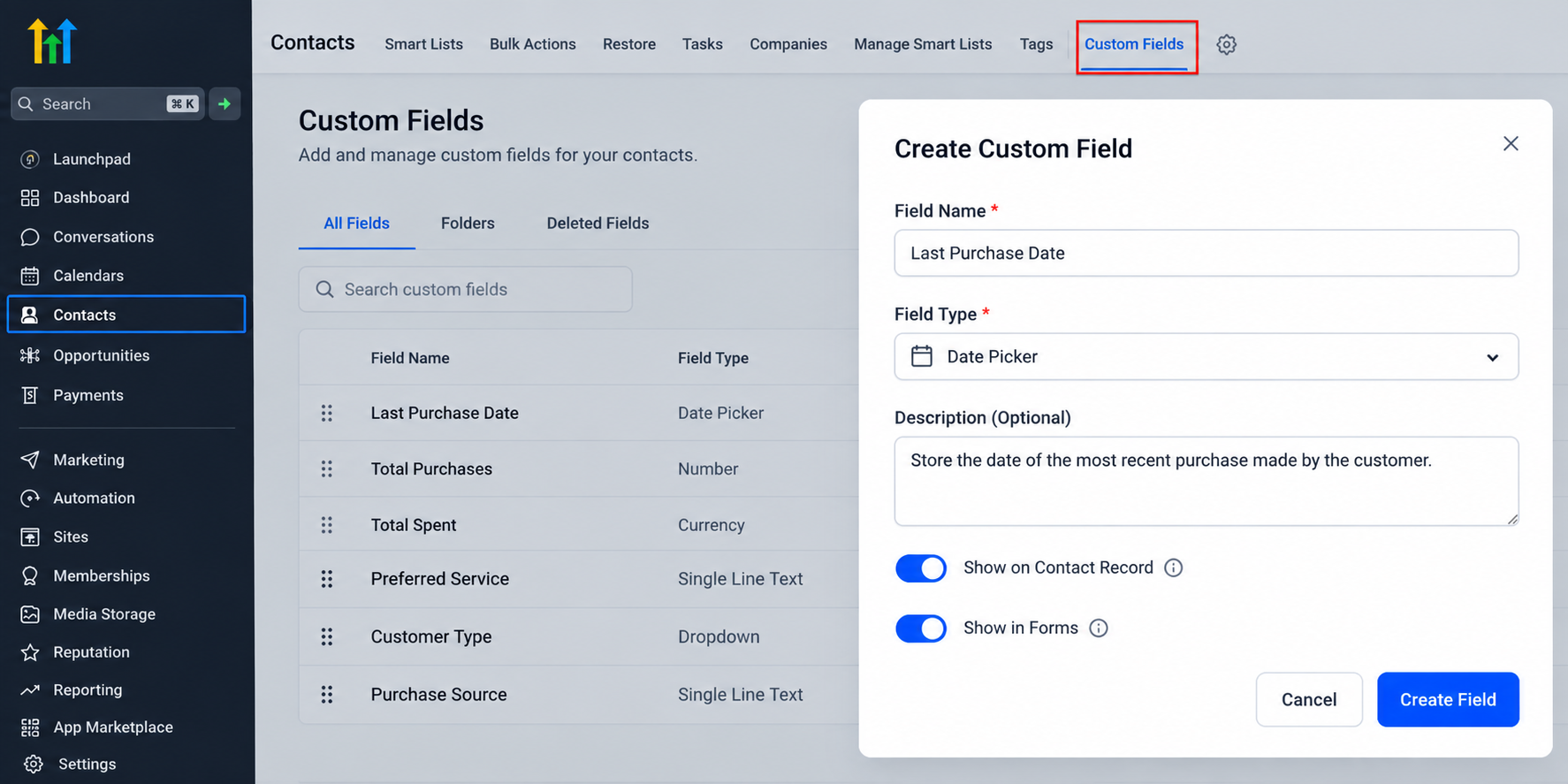 GoHighLevel custom fields interface showing the creation of a Last Purchase Date field to organize customer purchase information for segmentation. GoHighLevel custom fields interface showing the creation of a Last Purchase Date field to organize customer purchase information for segmentation.