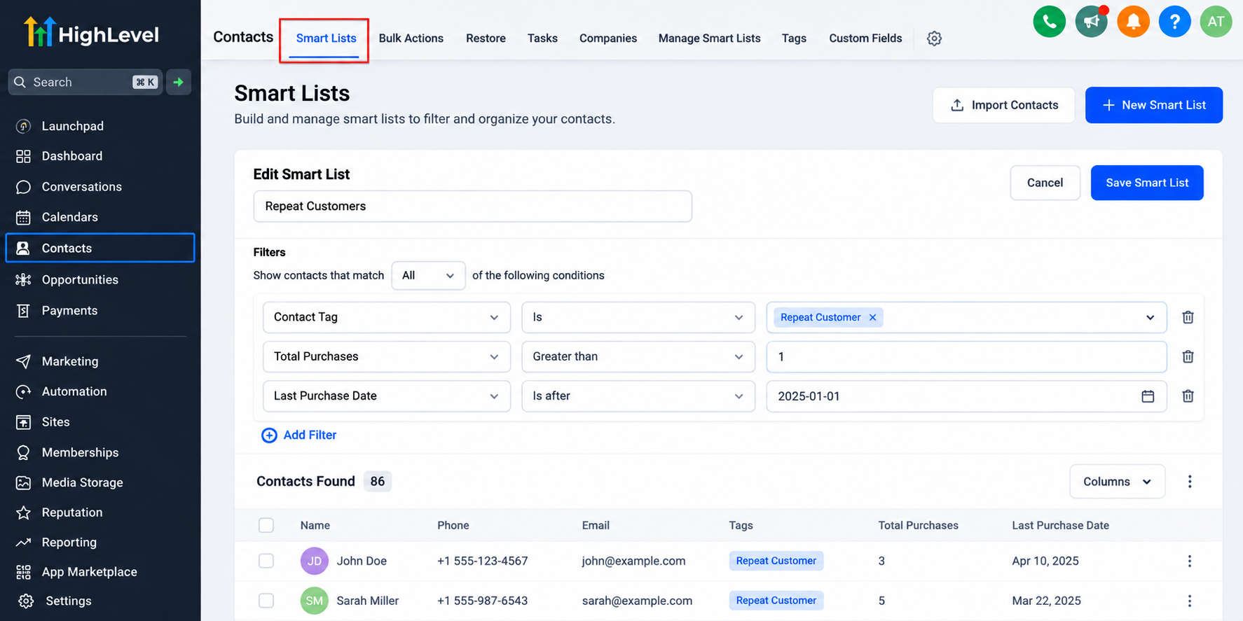 GoHighLevel Smart Lists interface showing customer segmentation filters based on repeat customer tags, total purchases, and last purchase date. GoHighLevel Smart Lists interface showing customer segmentation filters based on repeat customer tags, total purchases, and last purchase date.