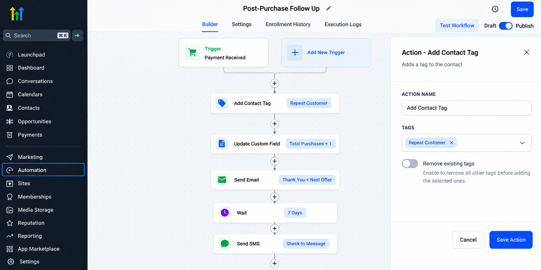 GoHighLevel workflow builder illustrating automated post-purchase customer segmentation using payment triggers, contact tags, custom field updates, email follow-ups, and SMS reminders. GoHighLevel workflow builder illustrating automated post-purchase customer segmentation using payment triggers, contact tags, custom field updates, email follow-ups, and SMS reminders.