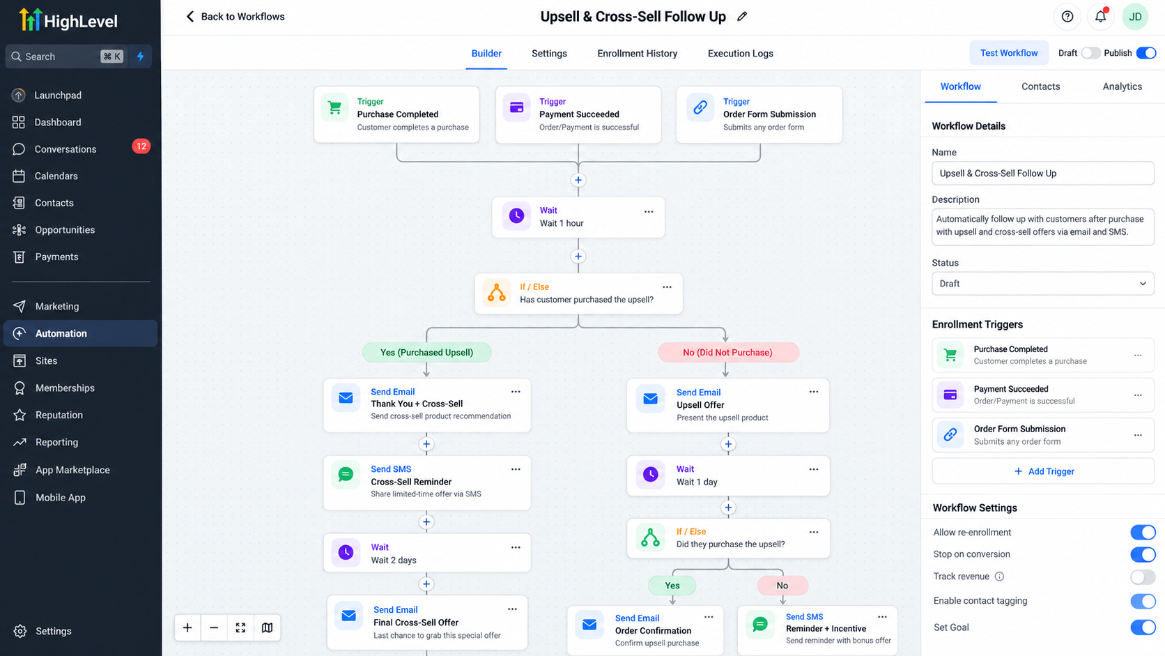 GoHighLevel workflow builder for upsell and cross-sell follow-up automation with purchase triggers and branching logic GoHighLevel workflow builder for upsell and cross-sell follow-up automation with purchase triggers and branching logic
