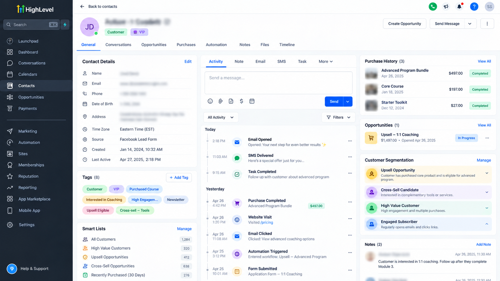 GoHighLevel CRM contact dashboard showing purchase history, tags, segmentation, and upsell opportunities GoHighLevel CRM contact dashboard showing purchase history, tags, segmentation, and upsell opportunities