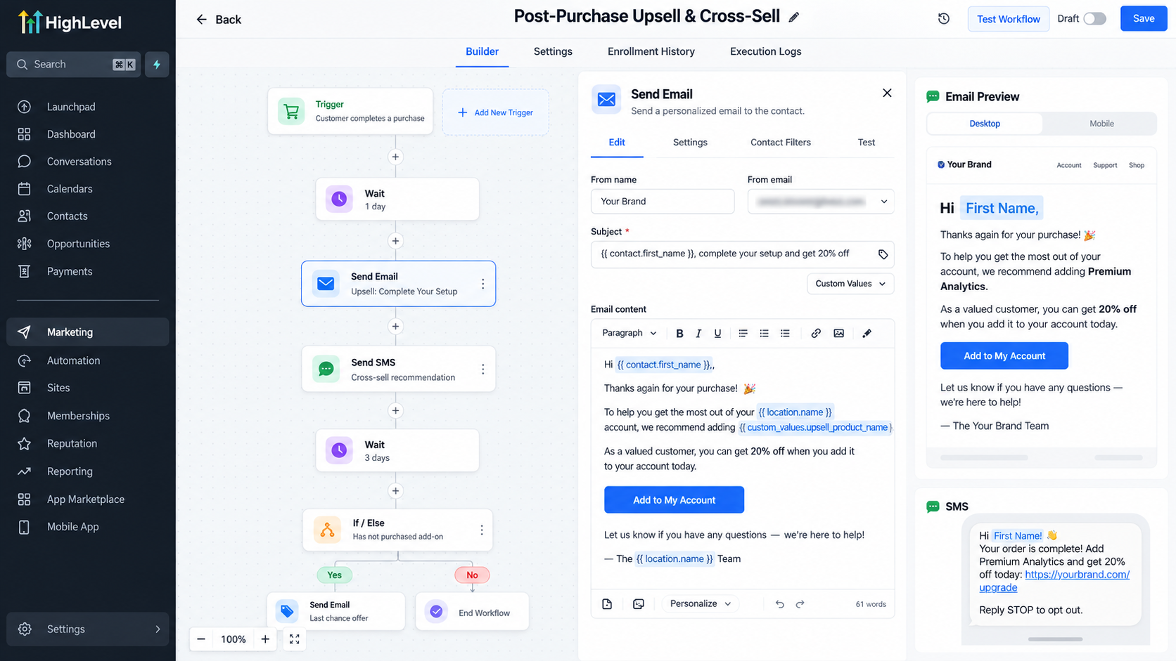 GoHighLevel post-purchase workflow with email and SMS upsell follow-up messages and preview panel GoHighLevel post-purchase workflow with email and SMS upsell follow-up messages and preview panel