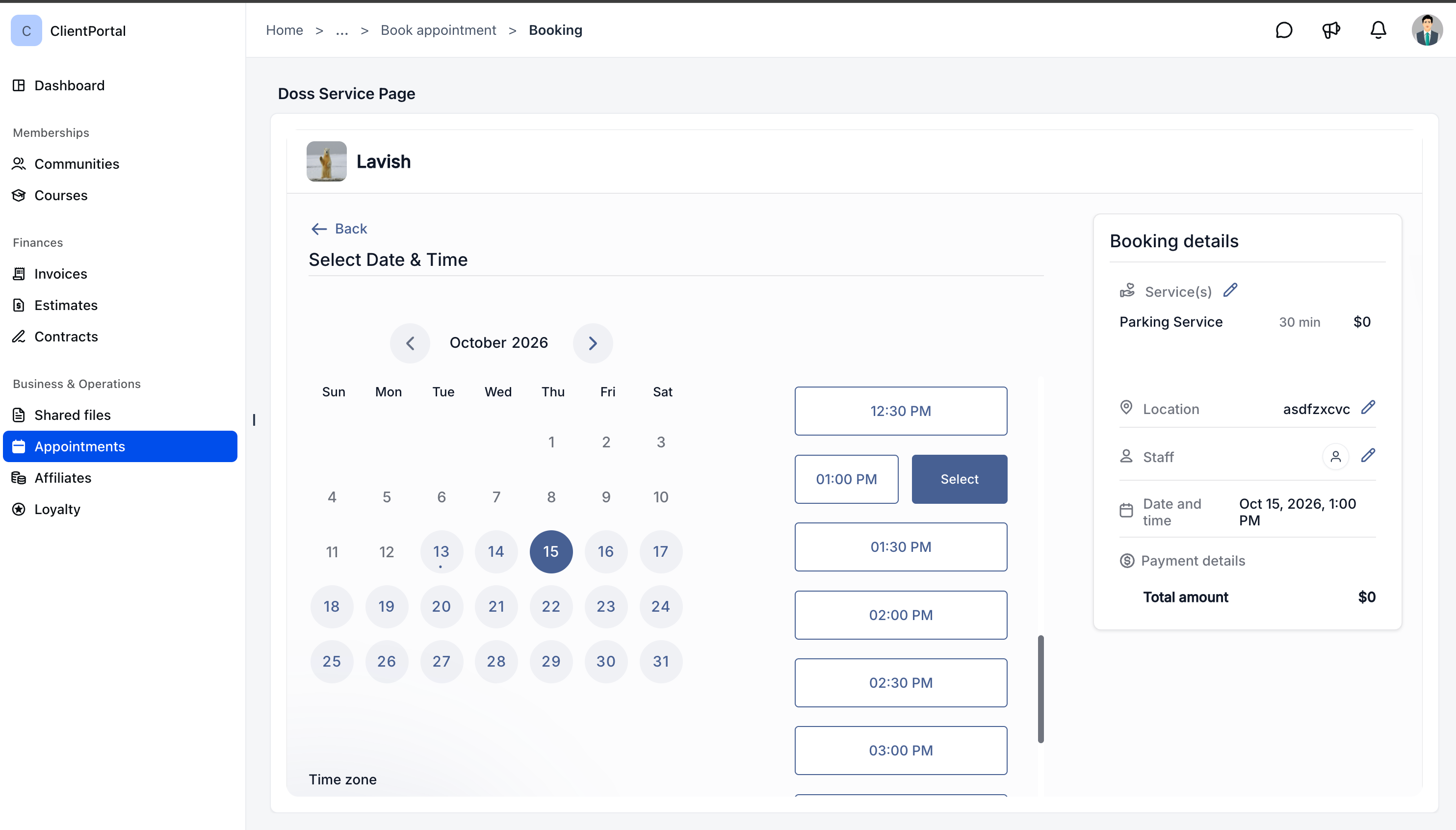 GoHighLevel Client Portal service booking calendar with date selection and available appointment times GoHighLevel Client Portal service booking calendar with date selection and available appointment times