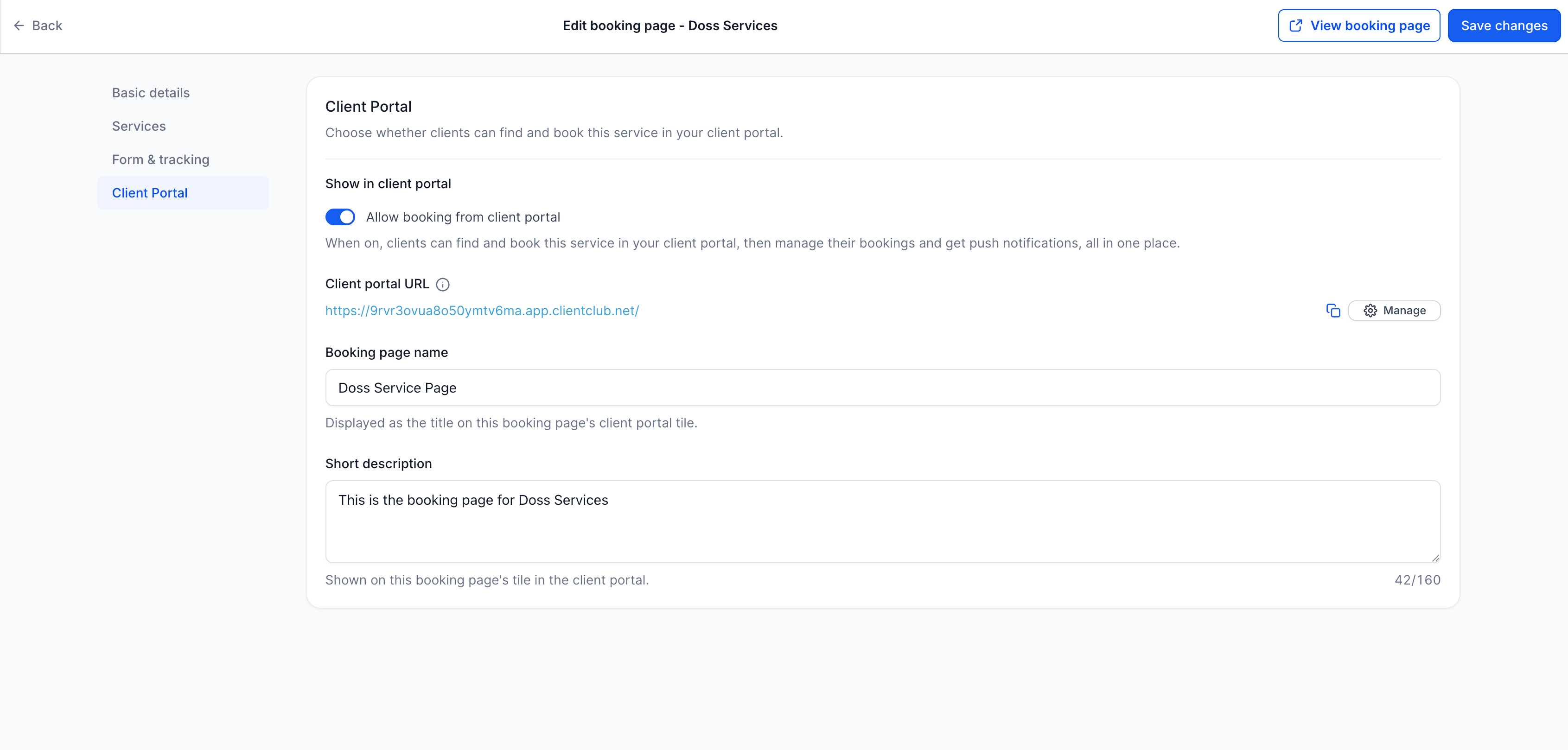 GoHighLevel service booking page settings showing the Allow booking from client portal option GoHighLevel service booking page settings showing the Allow booking from client portal option