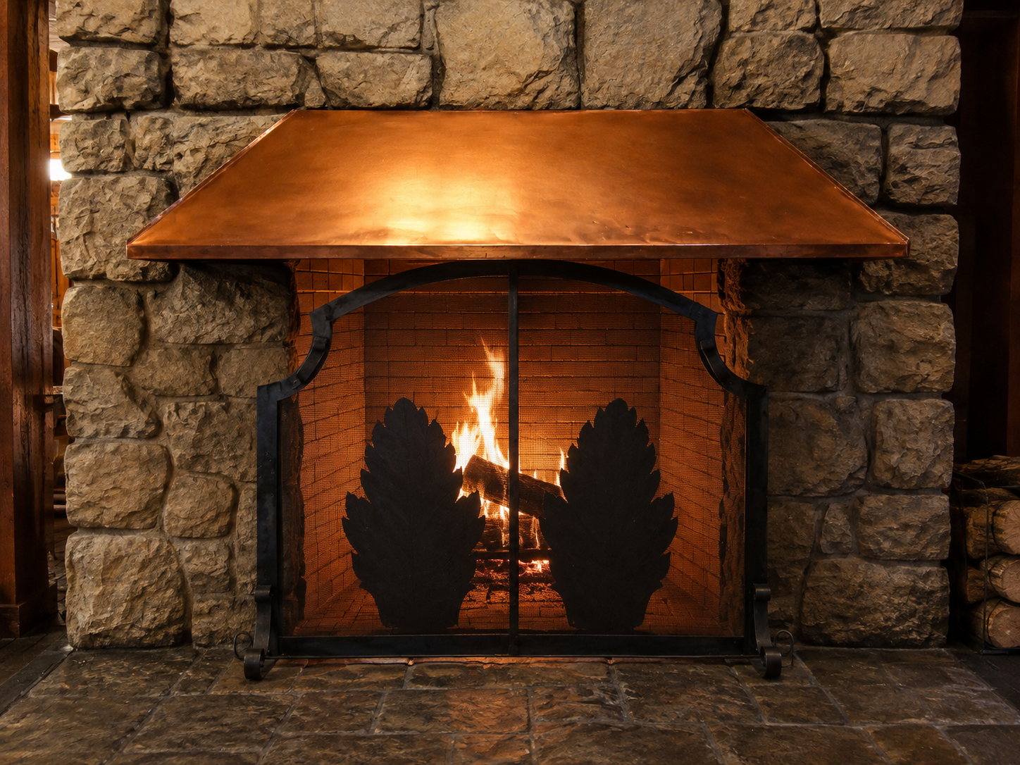 Custom brick and stone fireplace