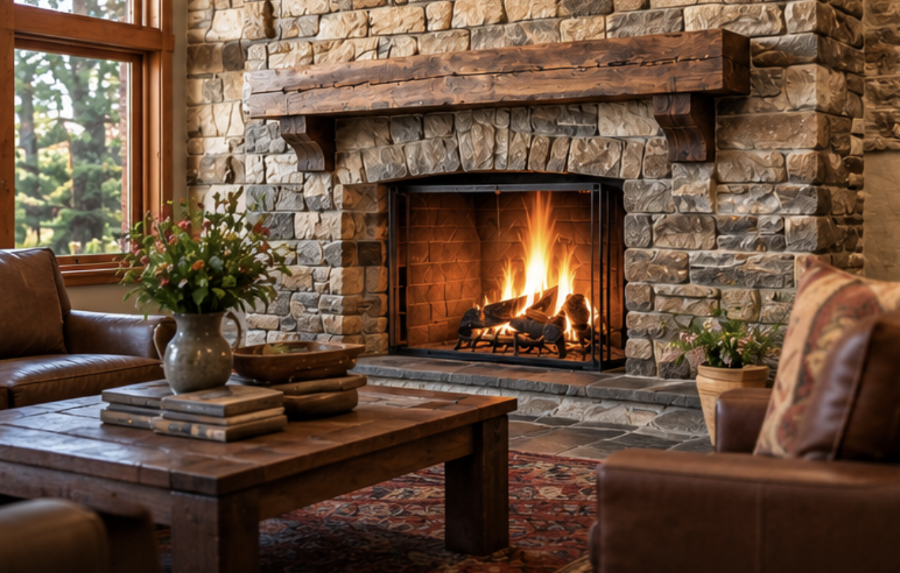 Traditional brick and stone fireplace