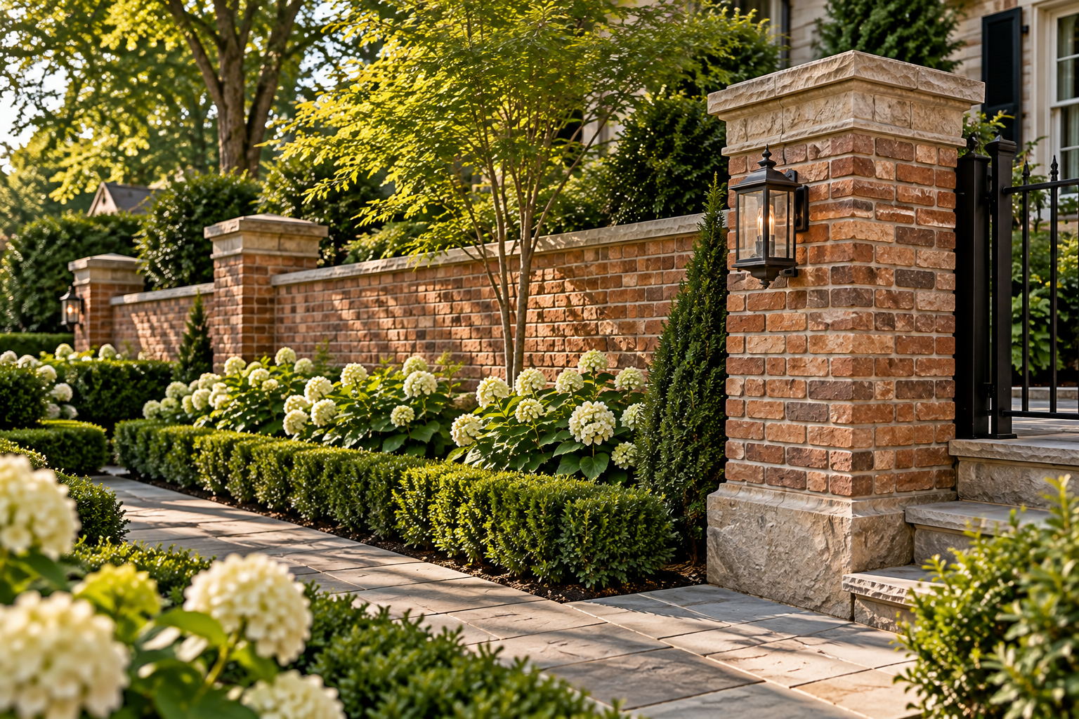 Brick garden wall with columns
