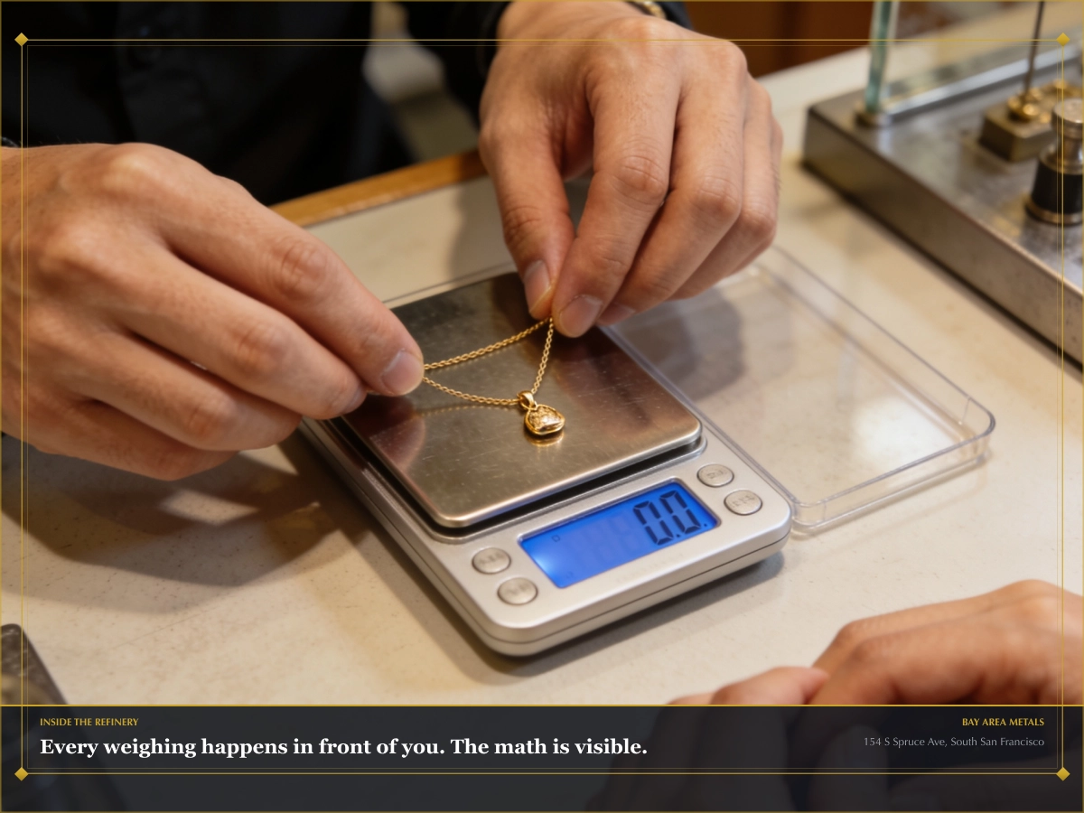 Bay Area Metals refinery counter during a customer transaction, gold being weighed on a calibrated scale Bay Area Metals refinery counter during a customer transaction, gold being weighed on a calibrated scale